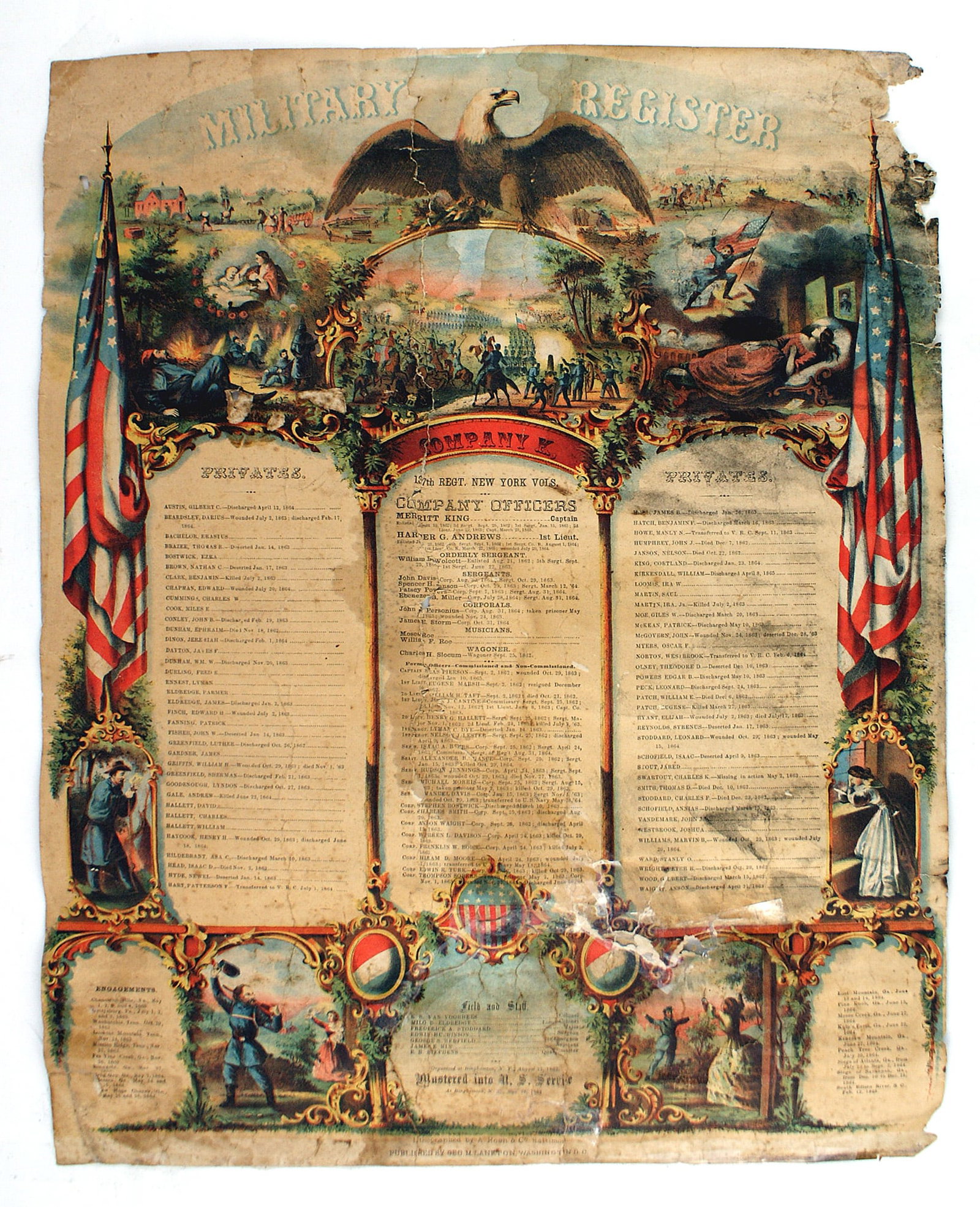 Civil War MILITARY REGISTER 187th Regiment NY: K-037 Civil War "MILITARY REGISTER" of Company "Y", 187th Regiment New York Volunteers. Colorful poster of home/camp/battlefield scenes. Also names of men and officers, dates of service and