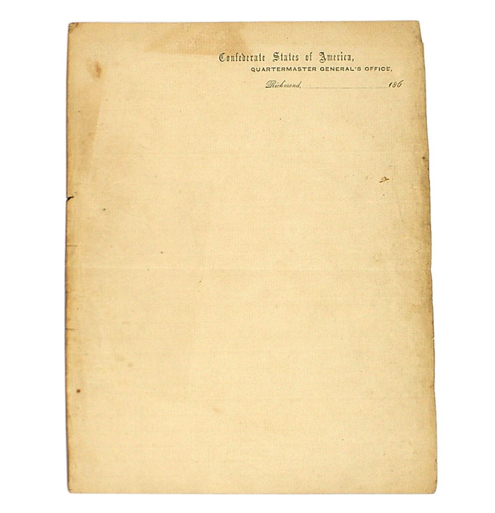 US Civil War Confederate sheet of stationery: K-038 U.S. Confederate sheet of stationery. Top has printed "Confederate States of America, QUARTERMASTER GENERAL'S OFFICE, Richmon... 186". Unused but has aged and is soiled. 10" x 8". II-