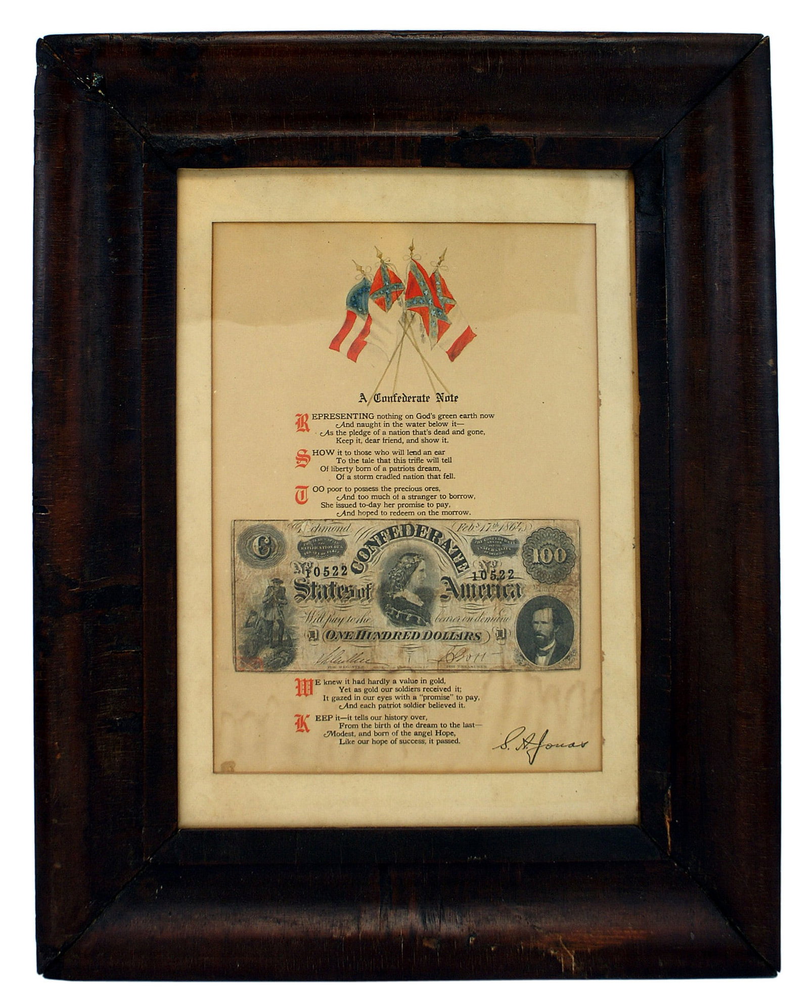 Confederate Note Post Civil War patriotic poem: K-040 "A Confederate Note". Post Civil War patriotic printed poem which reflects on the economic struggles of the Confederacy, the sacrifices of the soldiers and the worthless currency. An original