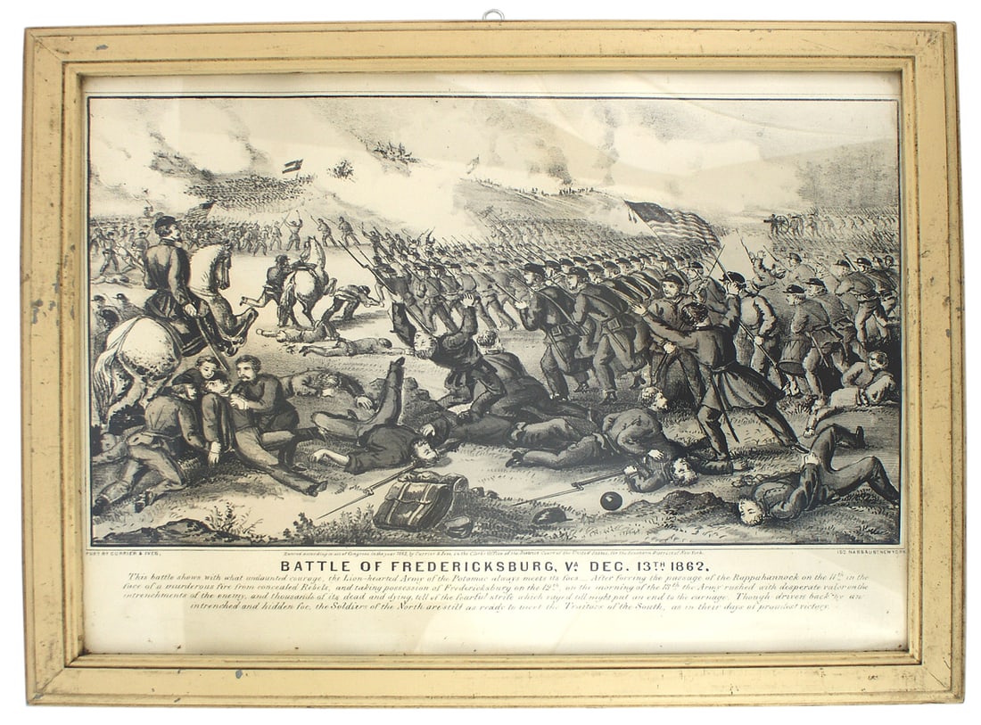 Civil War Currier Ives print FREDRICKSBURG: K-041 U.S. Civil War Currier & Ives print of the "BATTLE OF FREDRICKSBURG VA. DEC 13th 1862." Presentation of a massive engagement with a description. Uncolored. 15 1/2" x 20", in a whitewood frame.
