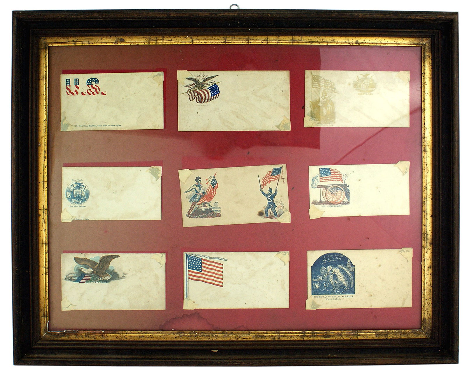 9 original unused Civil War patriotic cover: K-042 Frame with 9 original unused Federal Civil War "patriotic covers". Includes: "LET YOU ALONE AND YOU'L STEAL THE CAPITAL". An Owl (Scott) attacking a bird (Jeff Davis). Weiss, C-B-56, P. 383.