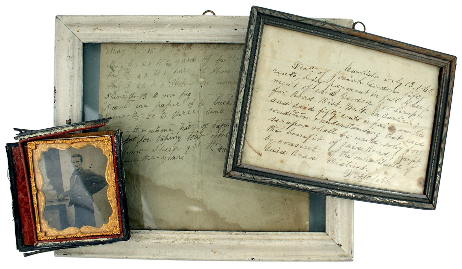 US lot tin type photo letter receipt etc: K-053 Lot of 3 items from the middle of the 19th Century: (1) Tin - type photo of a young man, Jacket similar to the Civil War - waist length. Floral gilt frame. Very good condition. Gutta percha case