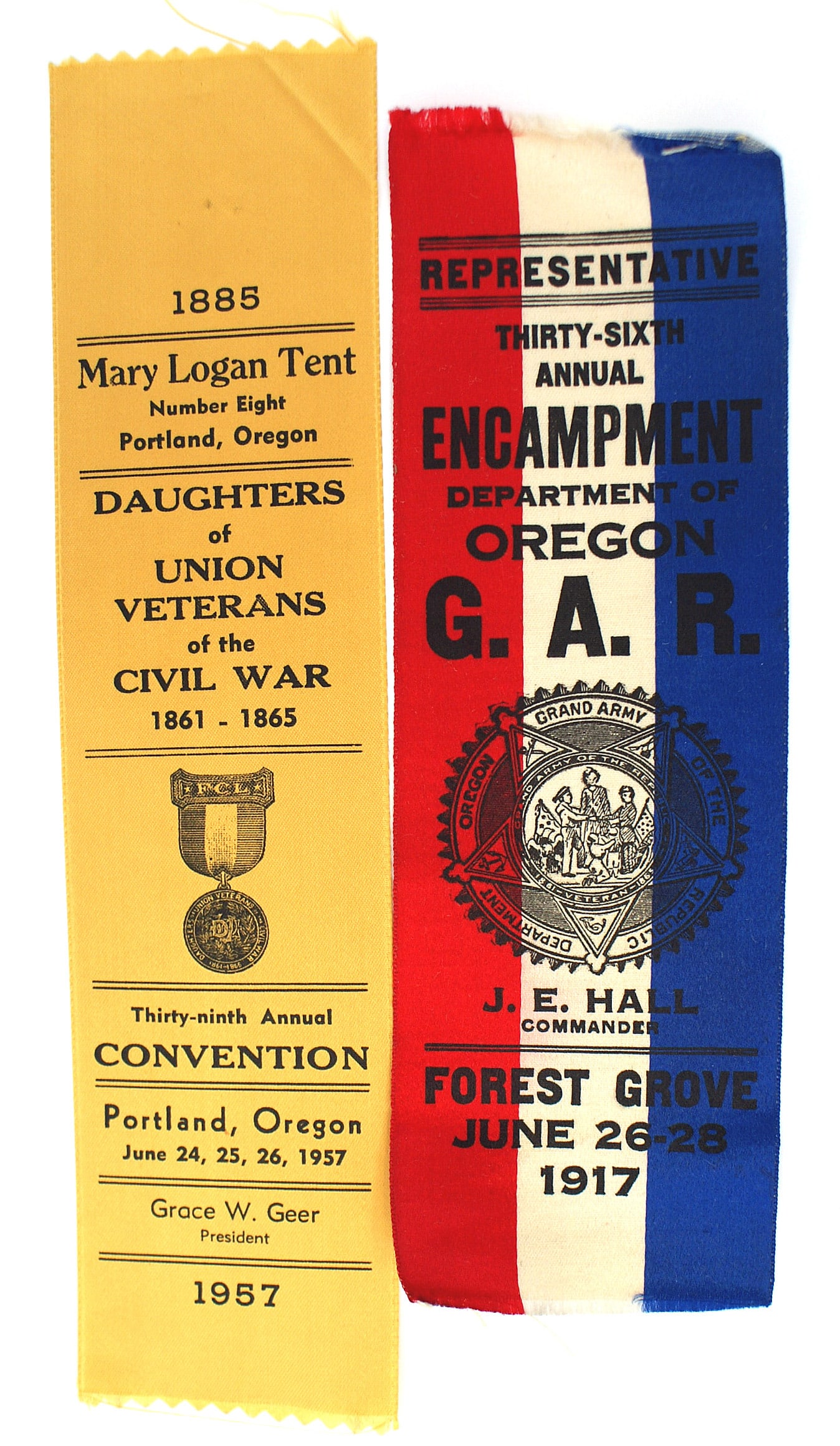 2 Civil War convention ribbons GAR 1917: K-094 Lot of 2 Civil War related organizations, convention ribbons: (1) "THIRY - SIXTH ANNUAL ENCAMPMENT - DEPARTMENT OF OREGON - G.A.R. - FOREST GROVE - JUNE 26 - 28, 1917". Print of G.A.R. badge. (2