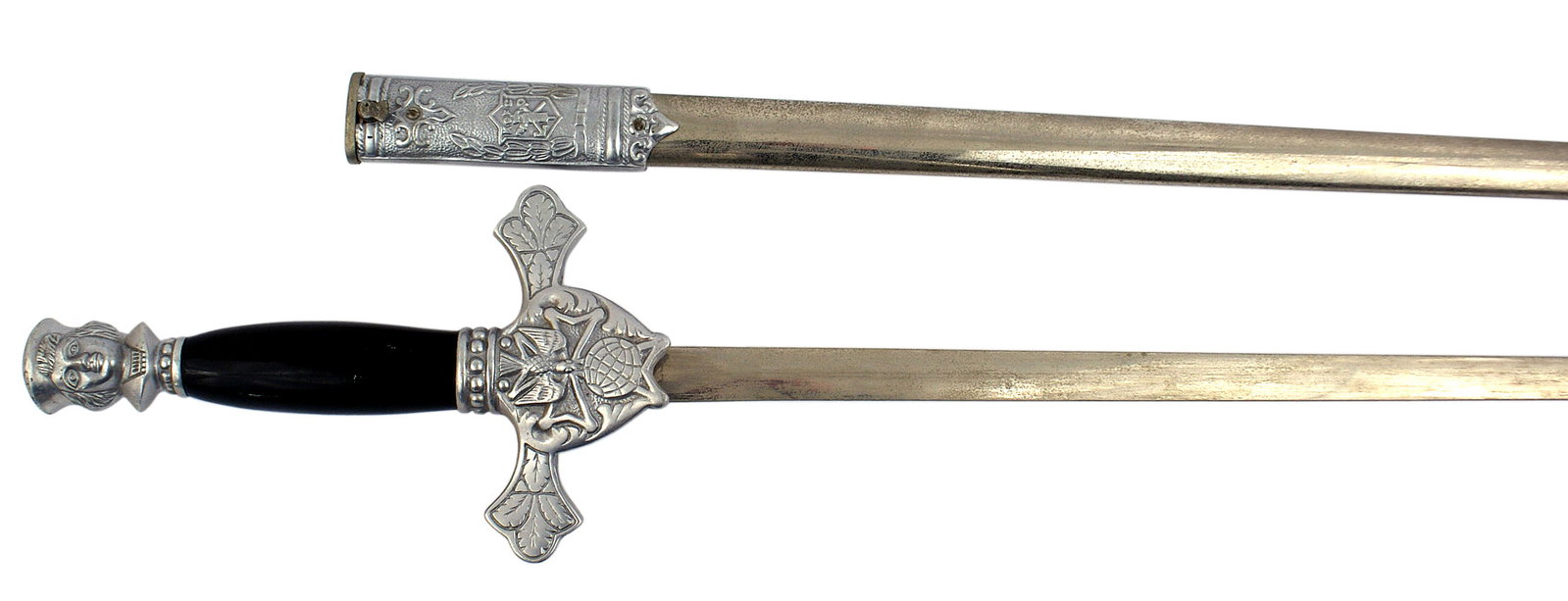American antique Knights of Columbus sword: K-104 American antique Knights of Columbus sword. Graying aluminum "Head of Columbus" pommel on a black lacquered grip. One piece graying aluminum crossguard/langet bearing the Holy Ghost and Globe on
