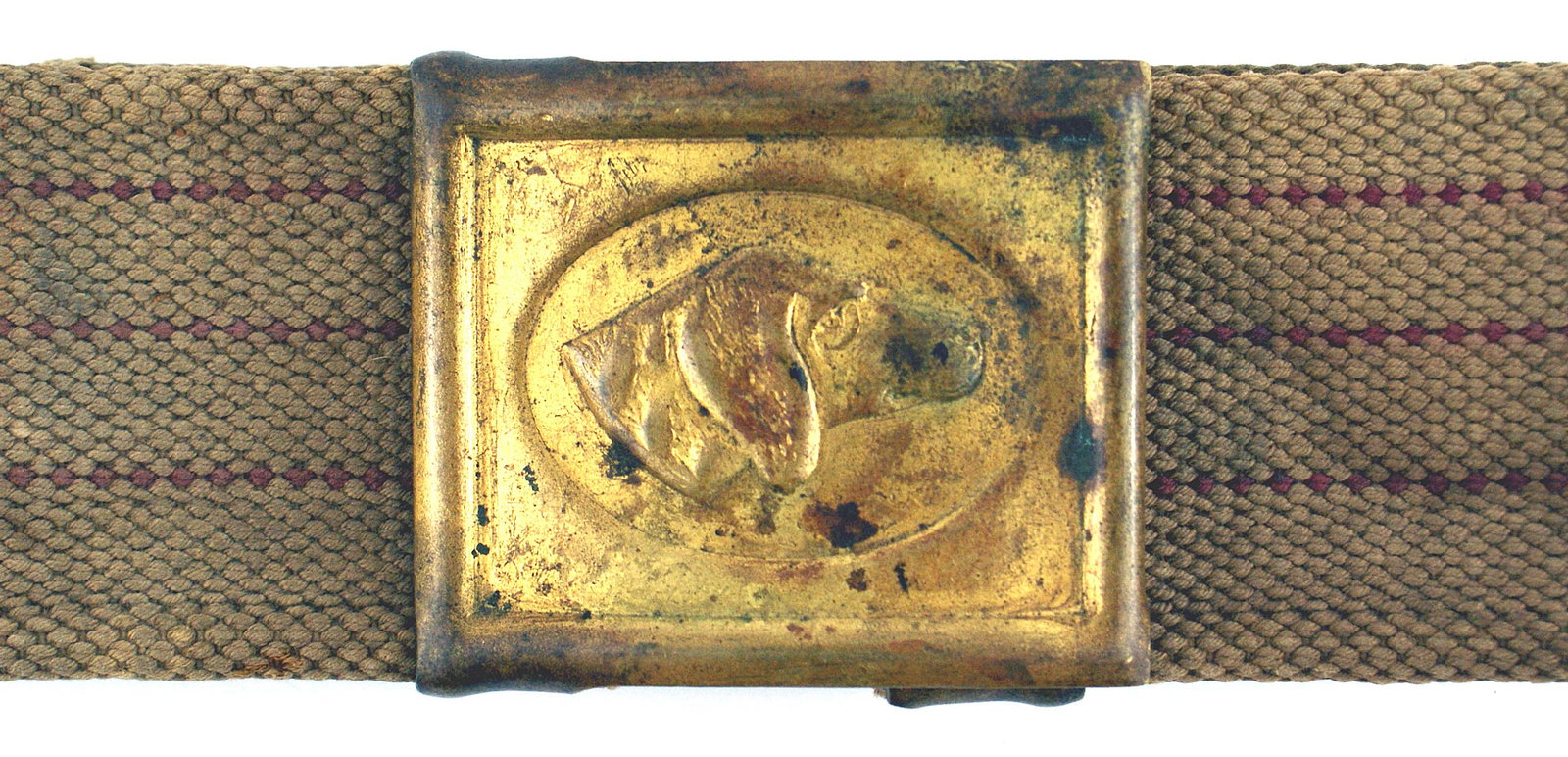 MILLS late 19th Century cartridge belt: K-106 "MILLS" late 19th Century sporting cartridge belt with sleeves for 46 rounds. Brass belt buckle with a dog's head. Reverse marked with the 1881 patent date. II