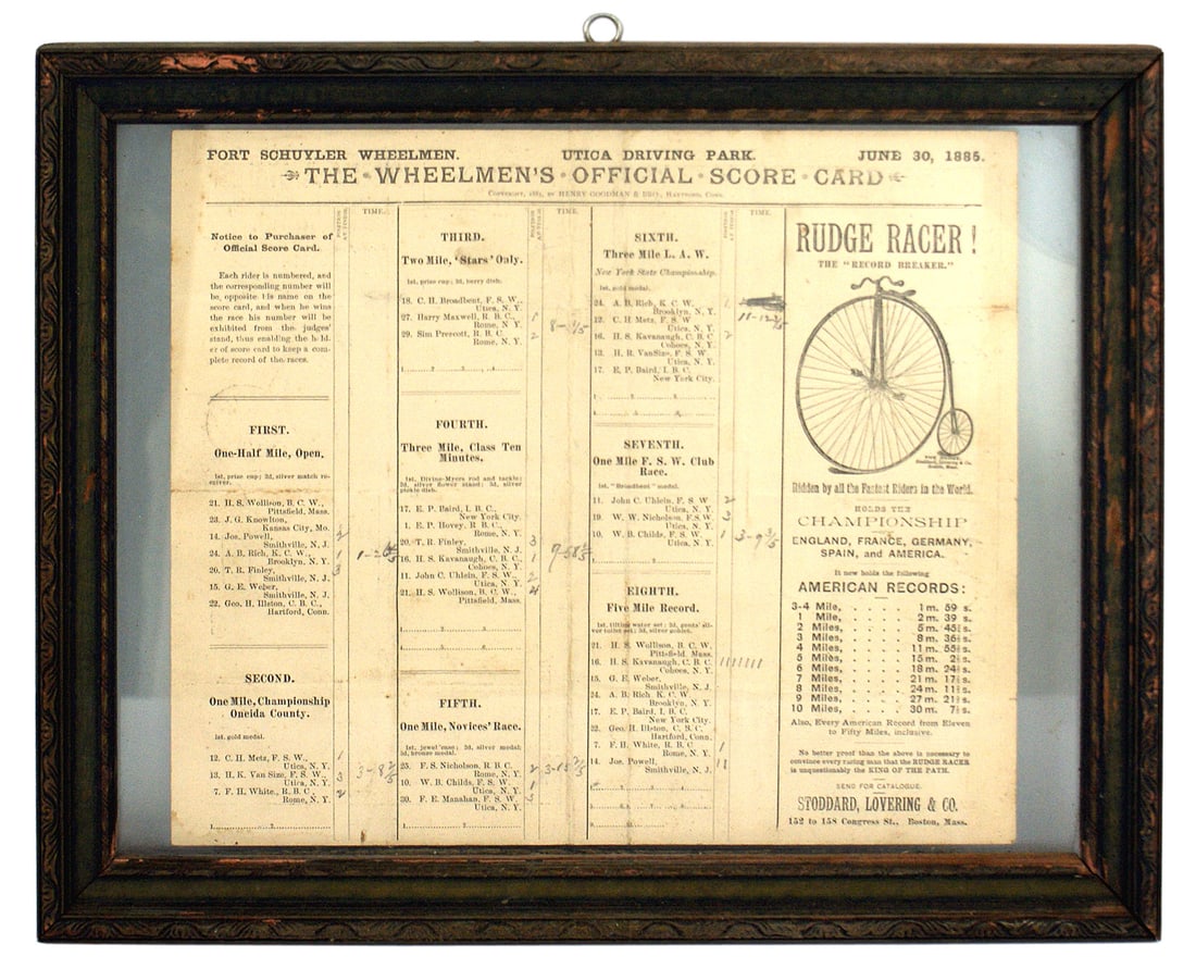 RUDGE BICYCLES and TRICYCLES 1885 advertising: K-108 The "RUDGE BICYCLES and TRICYCLES 1885", advertising and official Score Card for eight races, and prizes. June 30,1885 and names of 30 entries and their cities. The Score Card is the open two pa