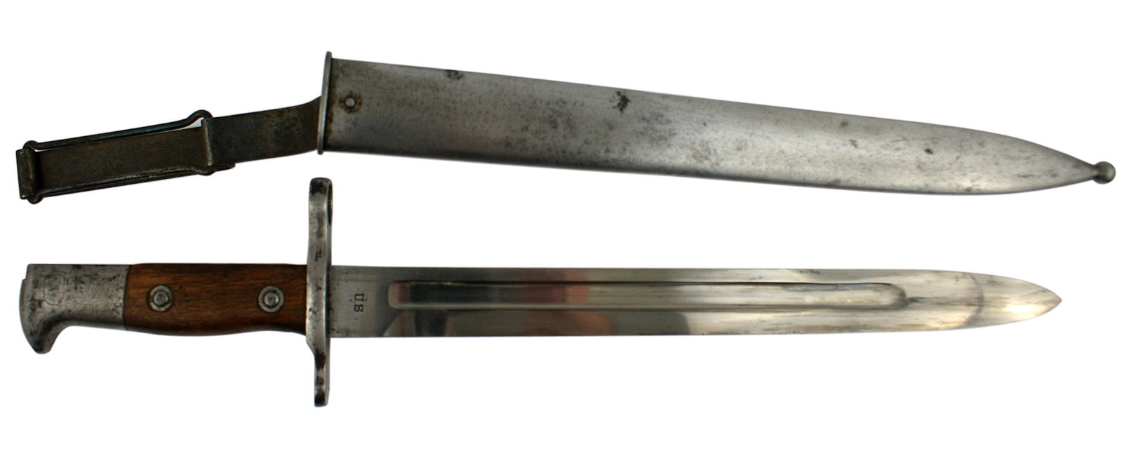 US M1892 Krag bayonet: K-111 U.S. M1892 Krag bayonet. Clean metal pommel, crossguard/muzzle ring. 11 5/8" clean blade marked "US" and "1903". Wood grips. Steel scabbard with a swivel metal belt frame. Some graying and dark 