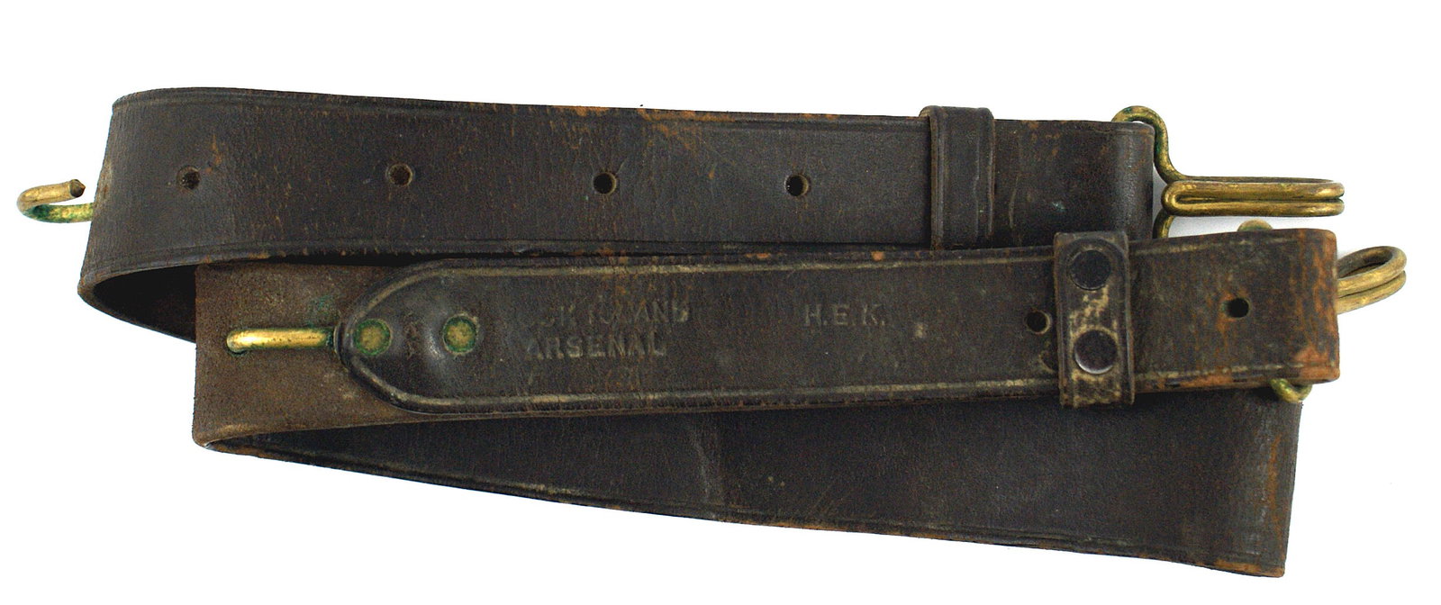 SpanAm Indian Wars haversack strap ROCK ISLAND: K-114 Spanish-American/Indian Wars haversack leather strap. Marked "ROCK ISLAND ARSENAL" and with Inspectors initials "H.B.K." I