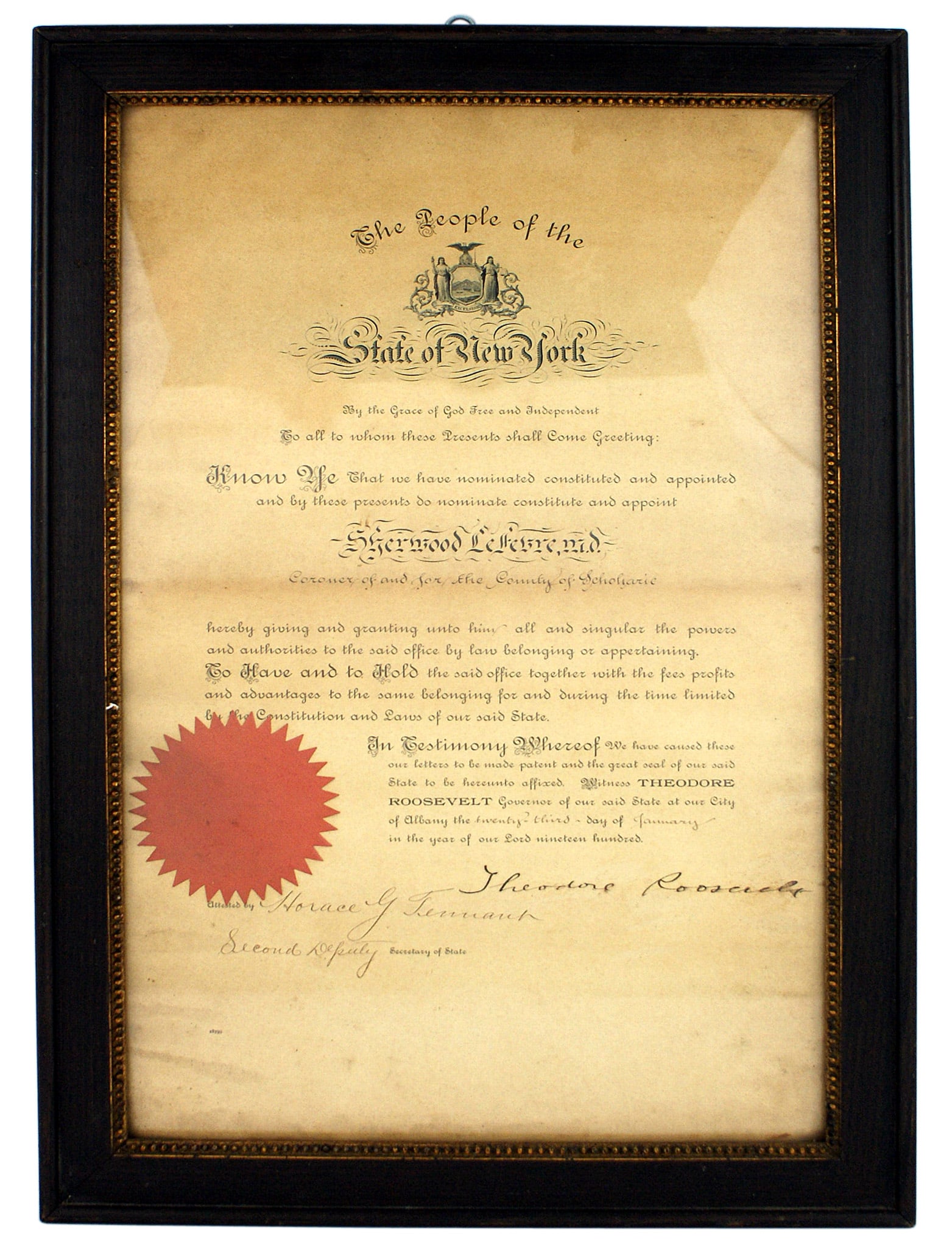 Document signed by Theodore Roosevelt Governor (1 of 3)