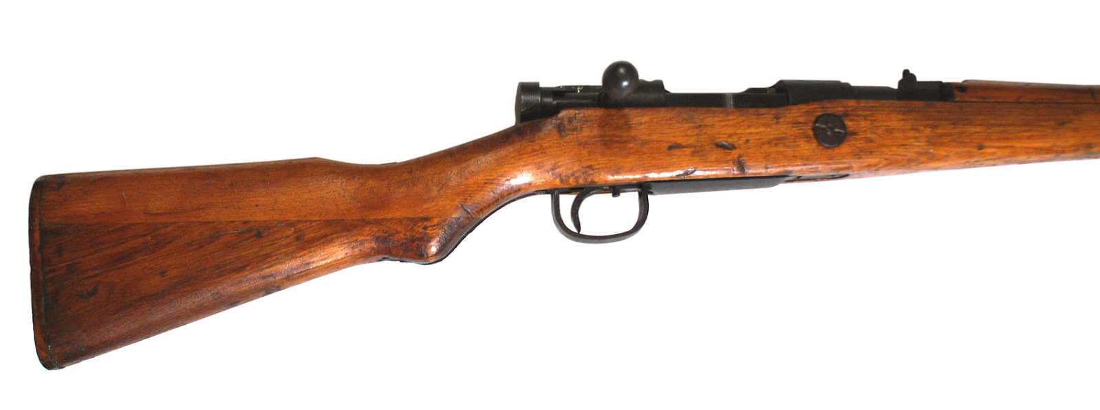 Japanese Type 99 77 rifle: M-016 Japanese Type 99 7.7. SN#66277. It is a last ditch type 99. Stock condition is good, The wooden buttpad is cracked. The forend condition is good, with some noticeable dents and gouges. The chrys