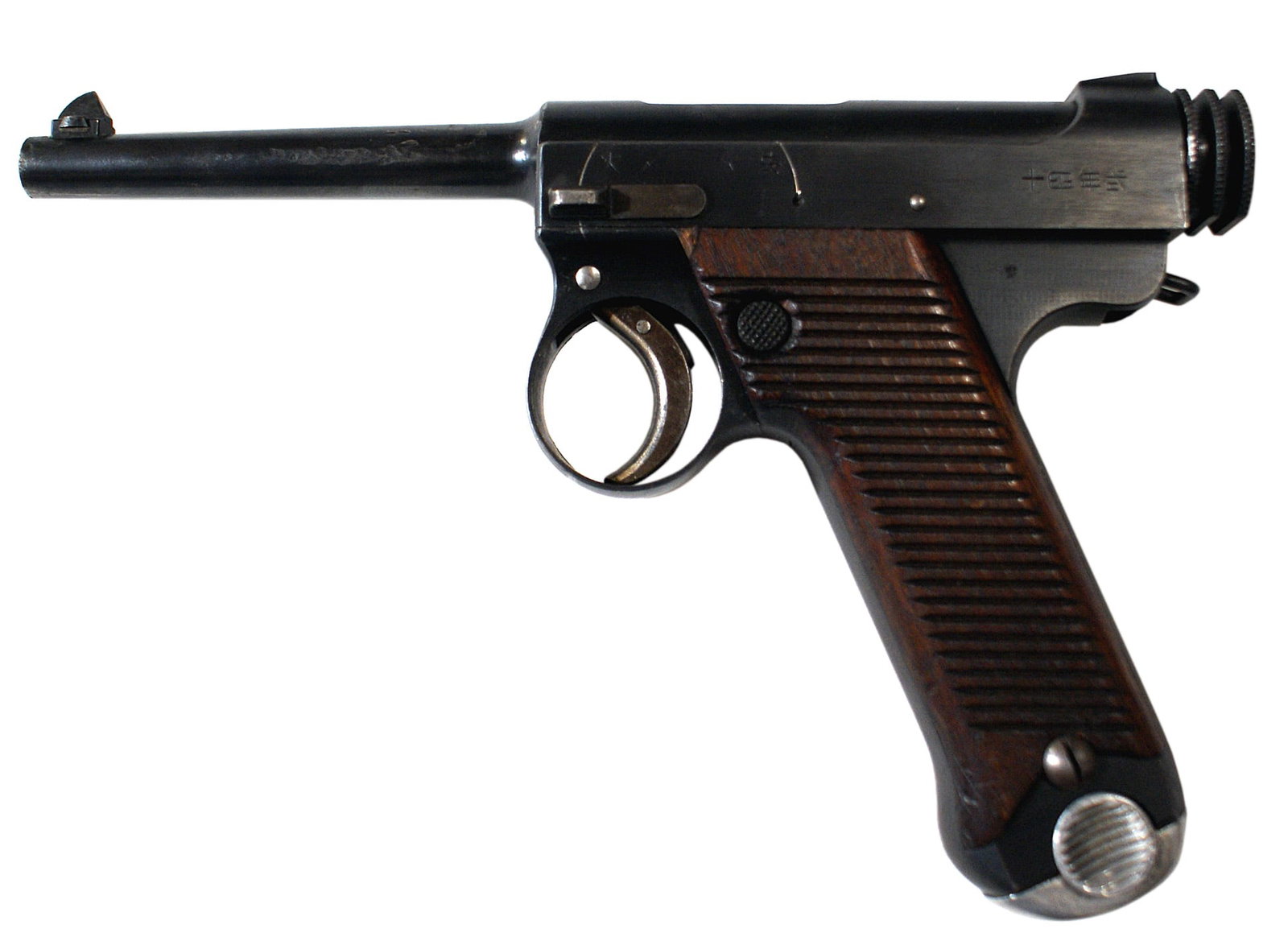 Japanese Type 14 Nambu 8x22 pistol: M-037 Japanese Type 14 Nambu 8x22 pistol. SN#3716. The firearm receiver is in great condition. Normal wear around the safety. The grips are in great condition. The barrel has marring along the left