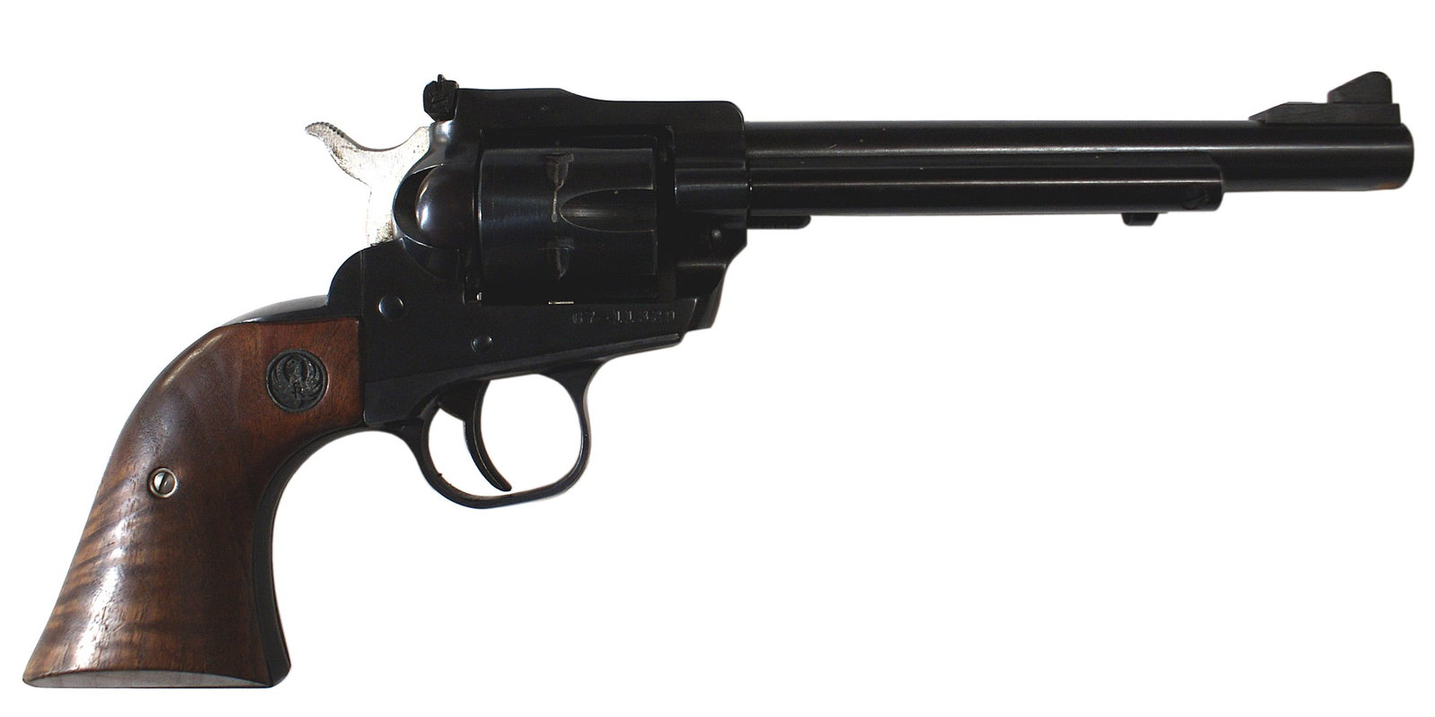New model Ruger Single-Six 22 Cal pistol: M-038 New model Ruger Single-Six 22 Cal. SN#67-11329. The model is "Single-Six". It is chambered for 22lr. The cylinder has normal wear and tear from rotation. The pistol grips are both in great