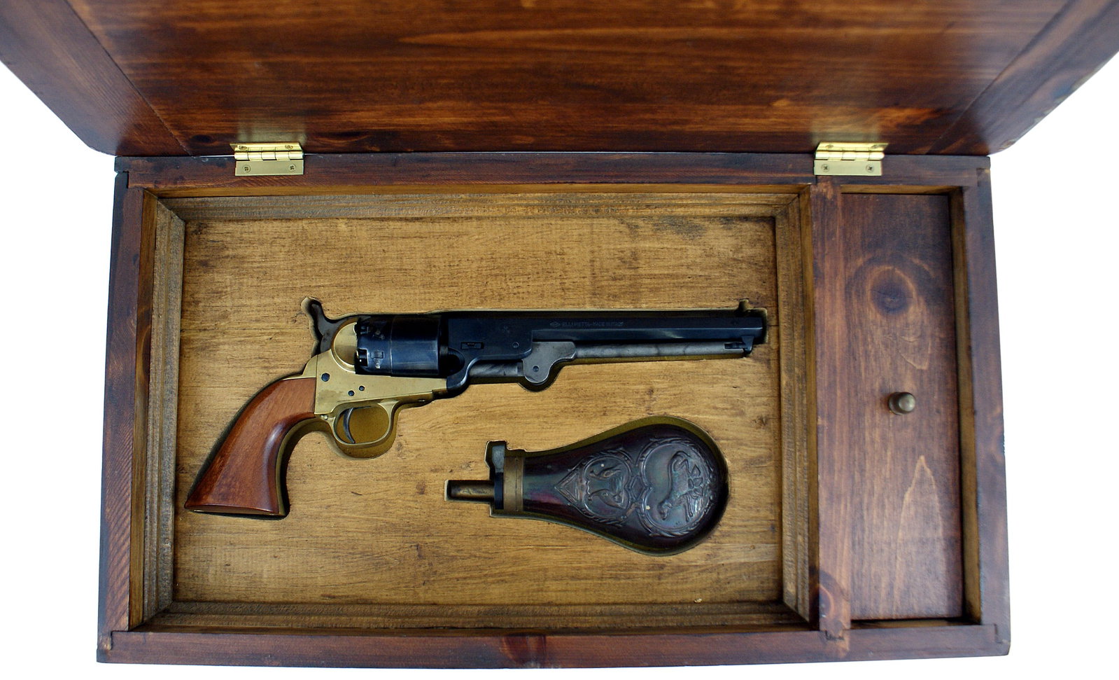 Italian copy of Civil War Colt pistol: M-046 Italian made copy of a percussion Civil War era Colt. Dark blued 7 3/8" octagon bbl and cylinder. 44 cal. Brass receiver and frame. Steel ramrod. Excellent. With a self made fitted wood travel