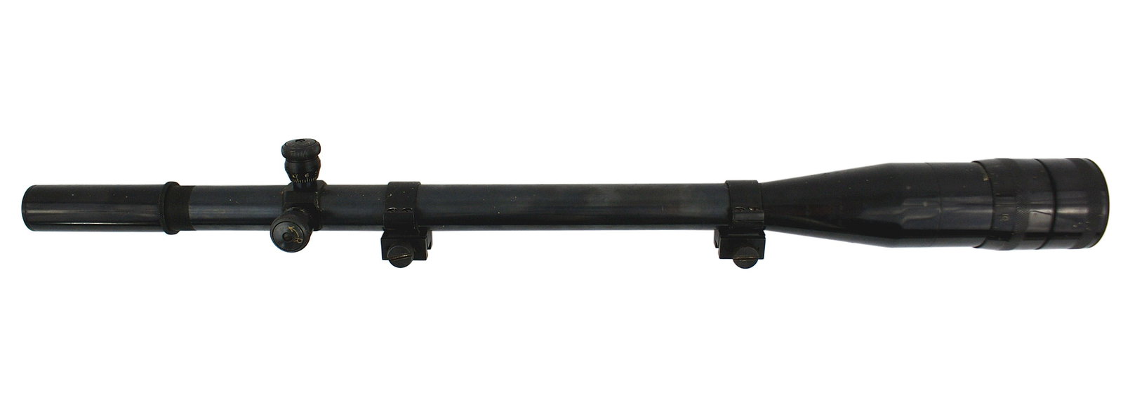Redfield 16 power target scope: M-049 "Redfield" 16 power target scope. Picatinny style rings and lens cover. Some spots on tube. II