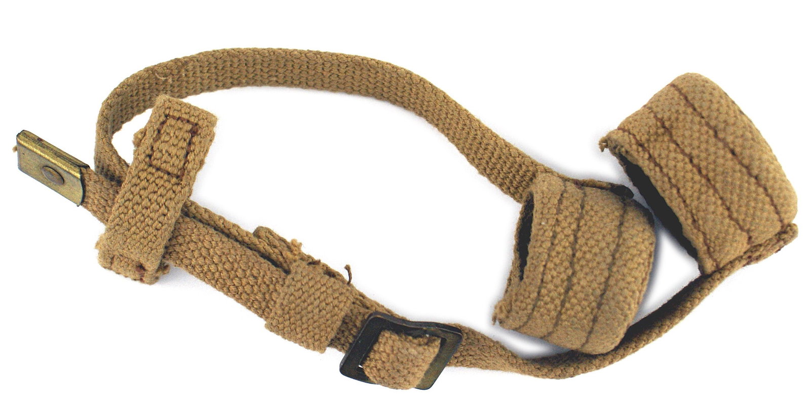 British WWII web sniper scope cover: M-052 British WWII web, adjustable sniper scope cover. One end is stamped with a broad arrow. II+