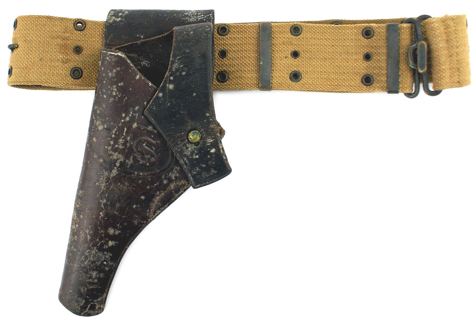 US WWI web belt and M1909 45 cal holster: M-058 US WWI web belt and modified M1909 45 cal. holster for the M1917 Smith & Wesson and the 1907-1917 Colt Revolvers. Web belt is marked "Aug. 1918" and "MILLS". The holster is marked "ROCK ISLAND
