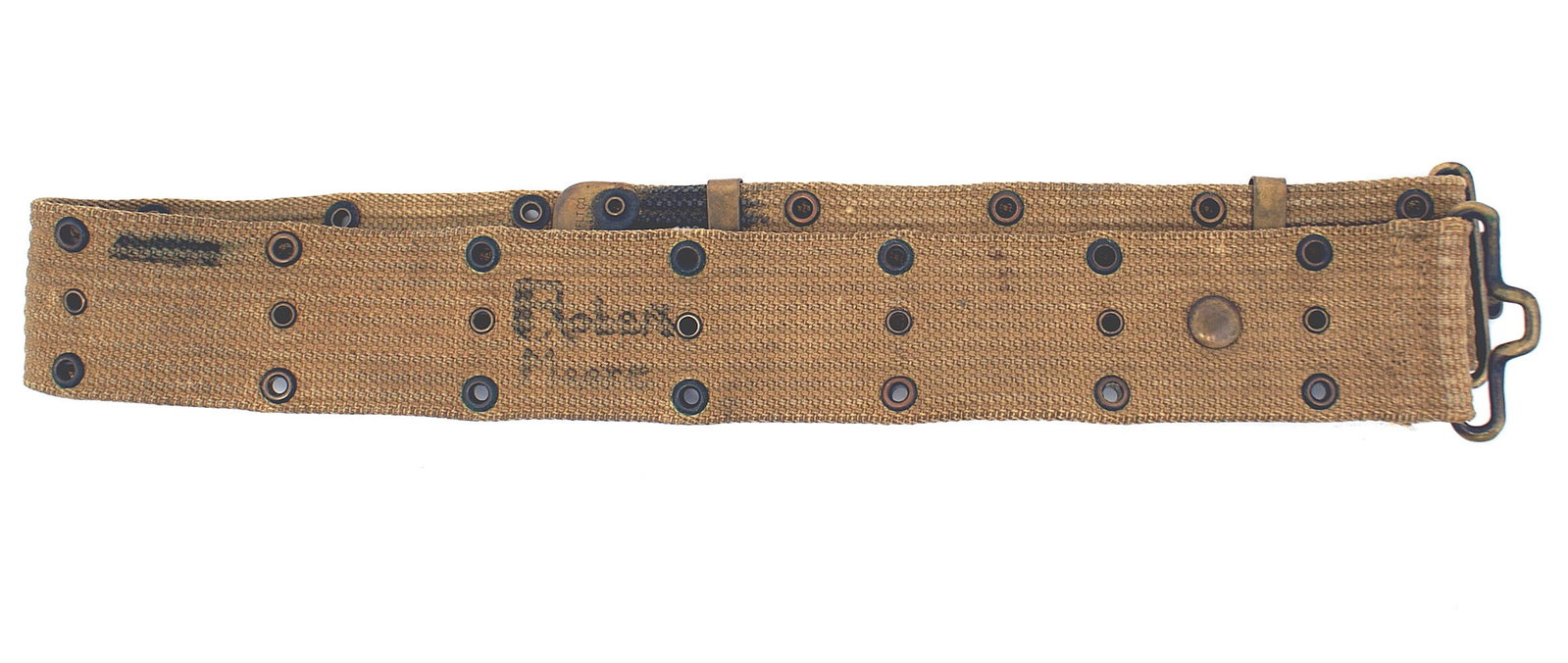 US WWI era OD web pistol belt MILLS: M-059 U.S. WWI era O.D. web pistol belt. Marked "JAN 1919 - MILLS". Reverse has an ink stain otherwise very good. II-