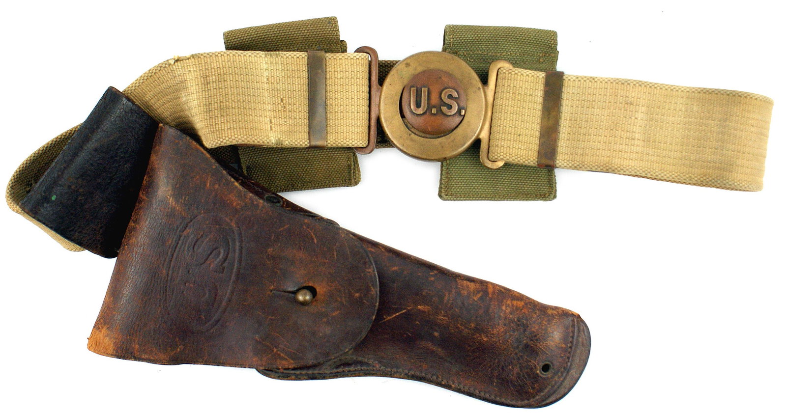 US WWI officer web belt M1919 buckle: M-060 U.S. WWI officer's web belt with M1919 "U.S." buckle, leather 45 cal. holster (marked "...CAMPBELL 1917 - R. J. M.") and two single 45 cal. Magazine pockets for the M1911 Colt. One pocket is mar
