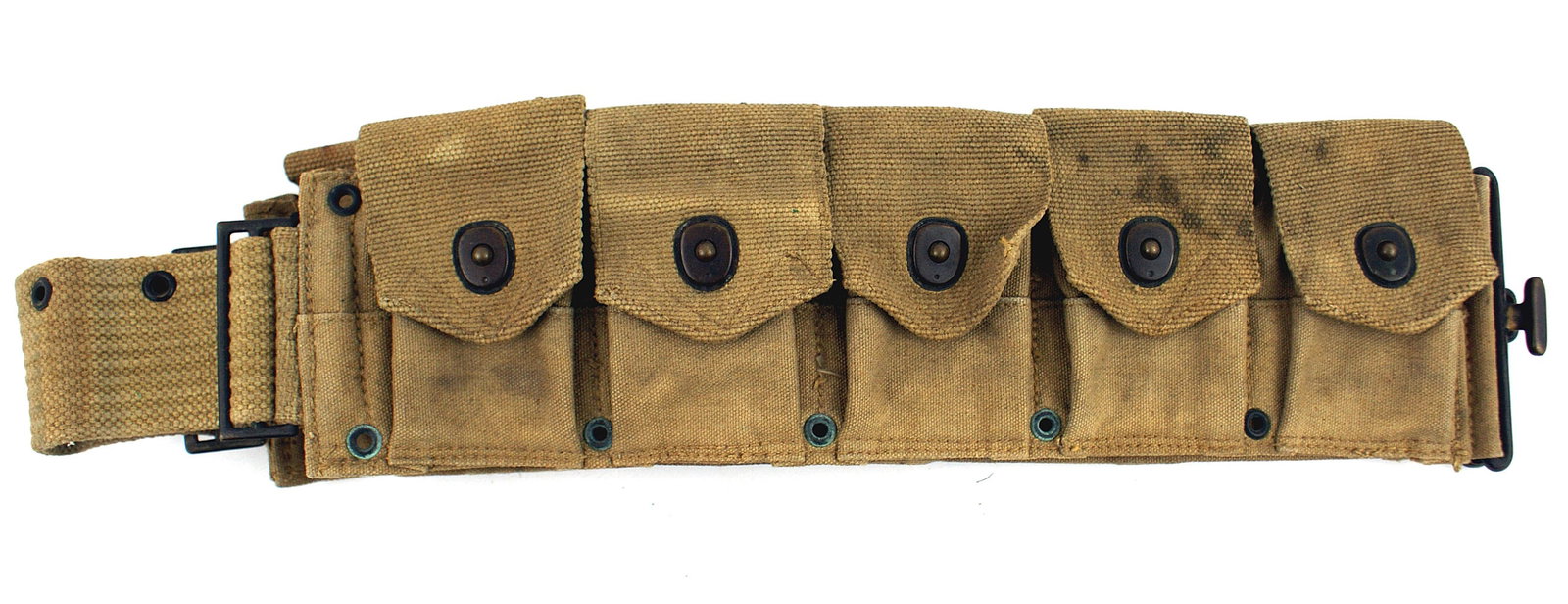 US WWI M1917 mounted 30 cal cartridge belt: M-062 U.S. WWI M1917 mounted 30 cal. cartridge belt in canvas webbing. Nine ammo pockets and one empty space. Marked "L. C. C. & CO. 9 - 18". Lightly soiled. Scarce. II
