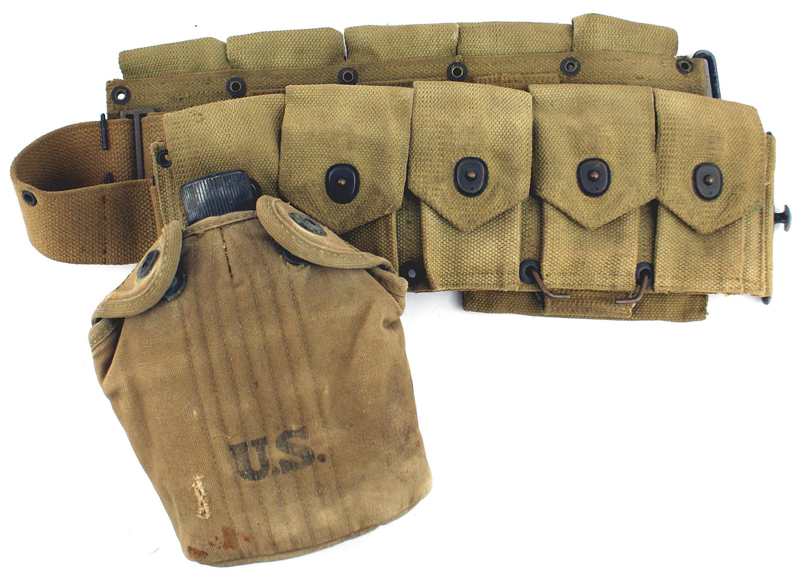 US M1923 Dismounted 30 cal cartridge belt: M-064 U.S. M1923 Dismounted 30 cal. cartridge belt in canvas webbing. Ten ammo pockets. Lightly soiled. With a 1943 canteen, made by "Vollrath", and a "1918" cup made by "U. F. & C". The cover (7 line