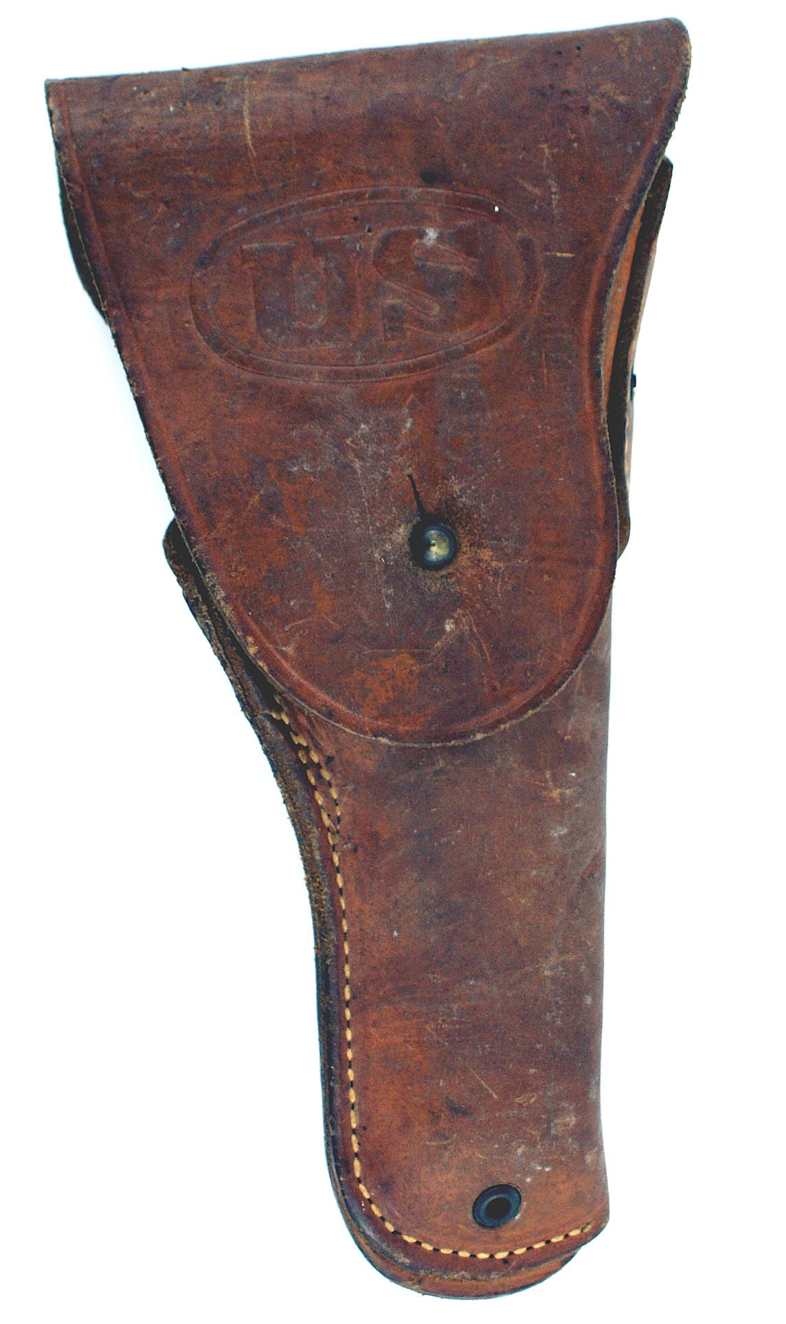 US WWII holster 1911 M1911-A1 pistols: M-068 U.S. WWII tan leather holster for the 1911 and M1911-A1 pistols. Front flap embossed "US" within an oval. Belt hook attached to the top reverse maker marked "BOYT". II+