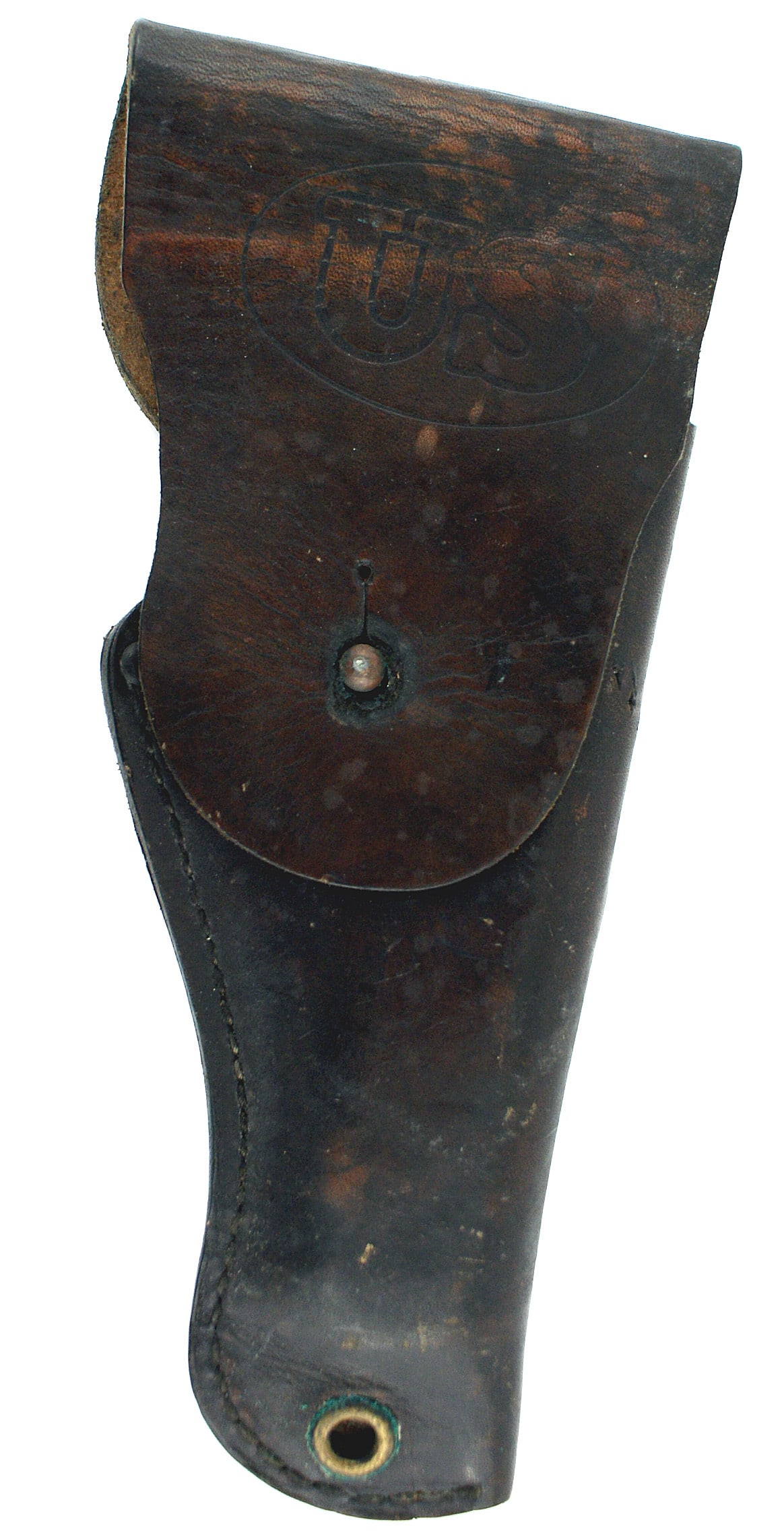 US WWII 45 cal pistol holster: M-069 U.S, WWII 45 cal. pistol holster. Dark brown with "US" on an oval on top of flap. Right side modified, two inch rounded for easier access to trigger. Back belt strap replaced. Shows some wear. I