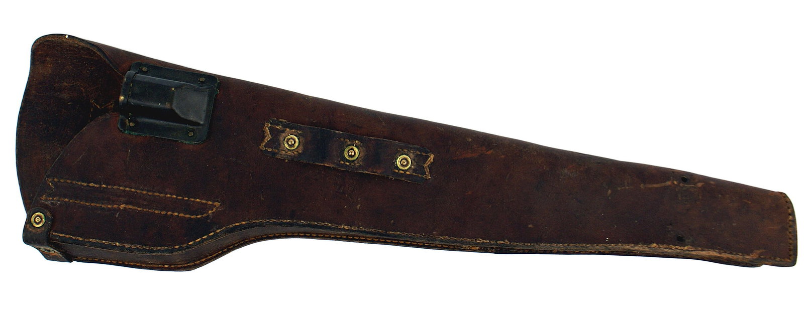 US WWII vehicle leather scabbard M1 carbine: M-071 US WWII vehicle hard leather scabbard for a M-1 carbine. 23" long, 6" wide tapering down to 2 1/4" wide at the end of the barrel and 1 7/8" high. Metal open housing near the top catches the meta