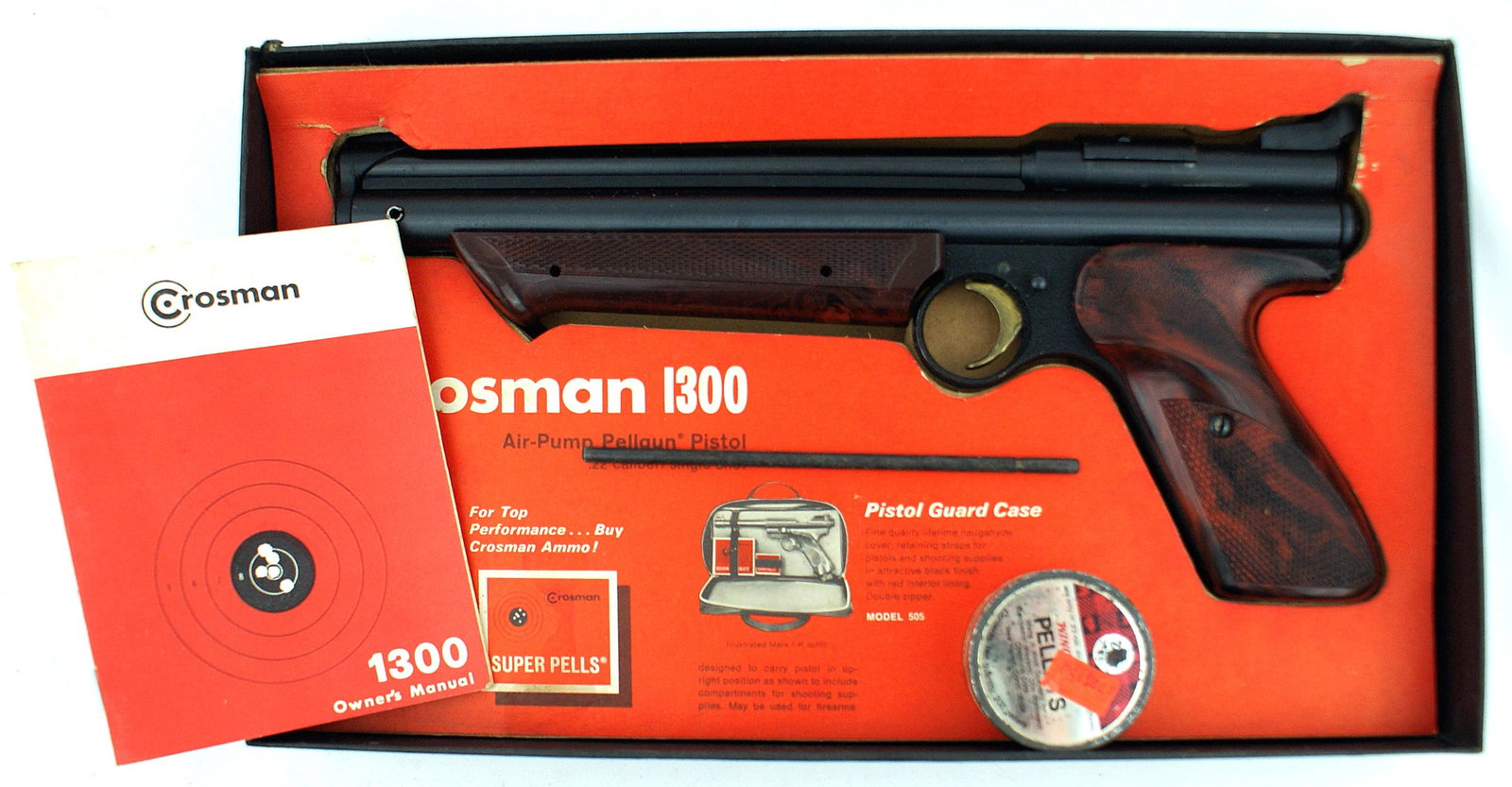 Crosman MEDALIST II model 1300 Pell gun: M-077 Crosman "MEDALIST II model 1300 Pell gun - pump pistol." In original box (shows some age). With the original "Owner's Manual" and tin of 200 pellets. Pistol in excellent condition. II+