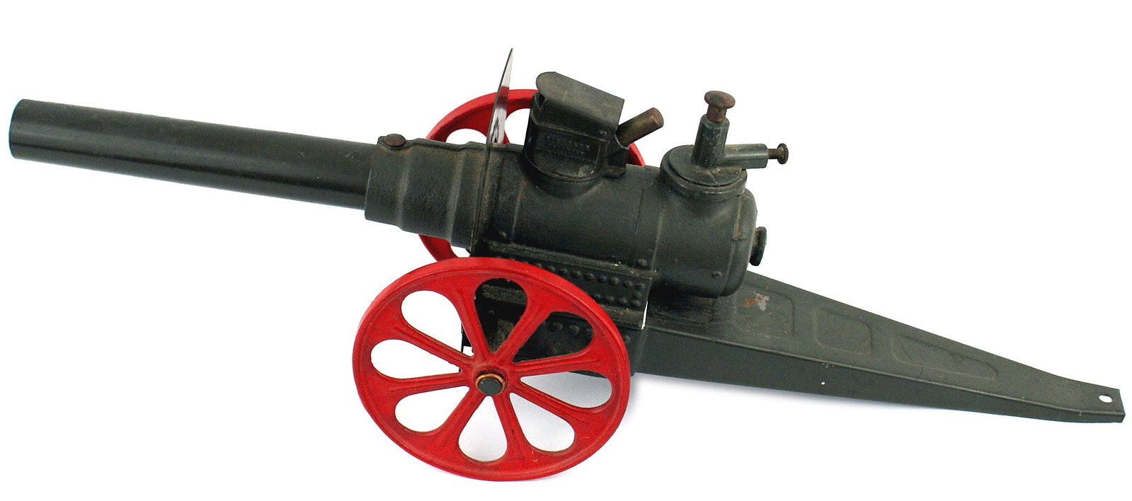 BIG BANG salute cannon: M-079 "BIG BANG" salute cannon. 17 7/8" model Howitzer. Large red painted spoke wheels and protective shield. Loading and firing devices added to the breech area. 4 7/8" high (end of barrel) and 4 5/8