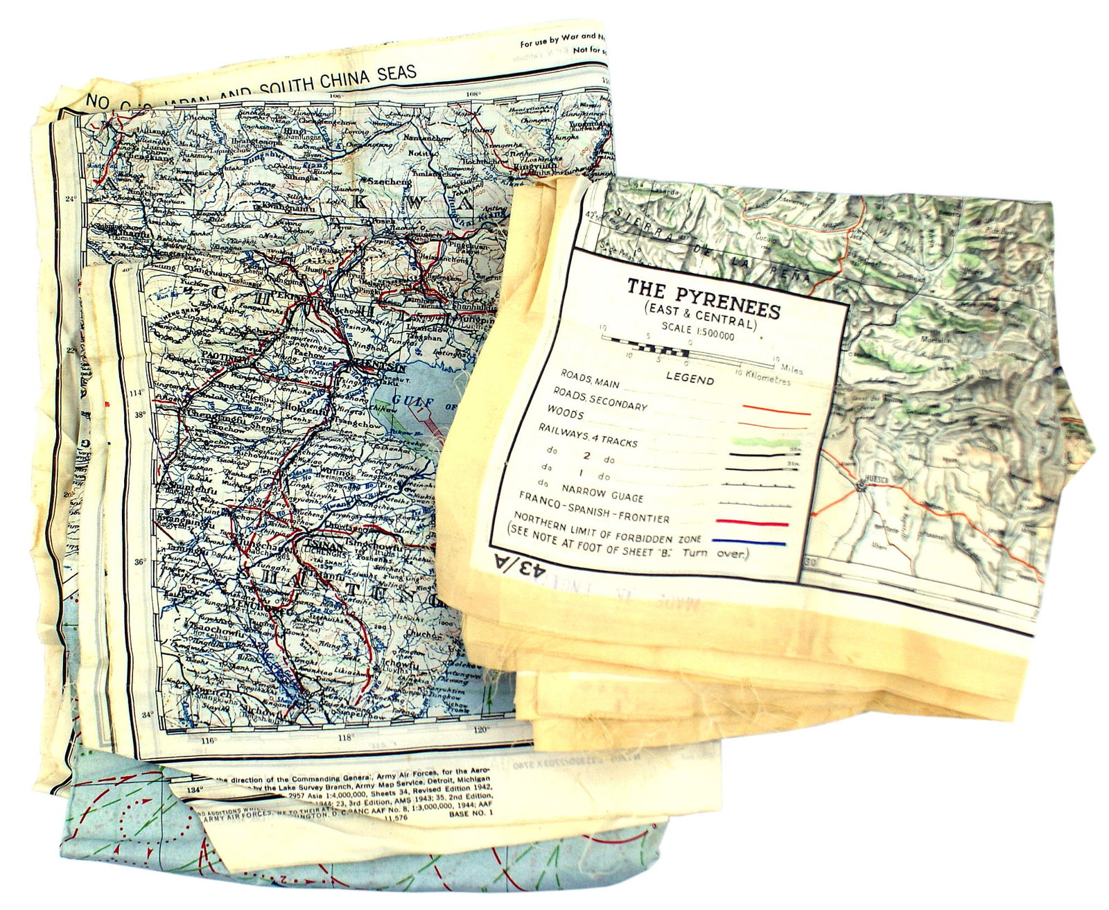 2 US WWII silk Army Air Force escape maps: N-015 U.S. WWII lot of 2 silk Army Air Force "escape maps". Each is Two-sided: (1) SHEET A. FRANCE - BELGIUM - HOLLAND. SHEET B. FRANCE - SPAIN AND GERMAN - SWISS 30" X 32". (2) No. C-52 Japan AND SOU