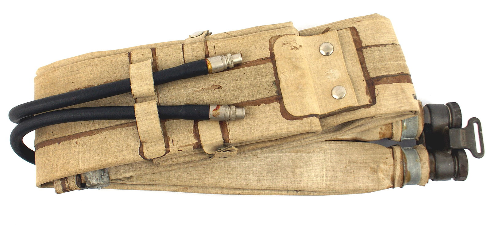 US WWII Life Preserver belt: N-021 U.S. WWII Life Preserver belt. Standard U.S. Navy M-1926 preserver. Issued to all Army troops during the Invasion of Europe. It could be quickly inflated by two CO2 cylinders or 2 rubber hoses f