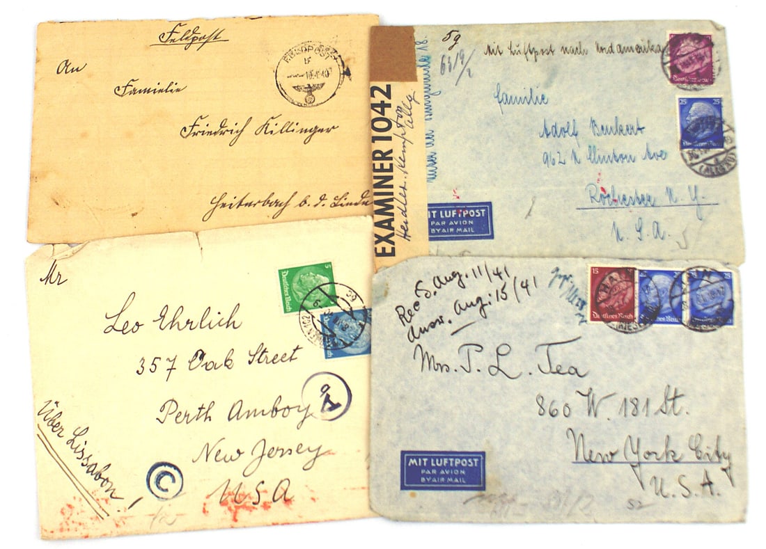 4 German WWII Feldpost envelopes: P-003 Lot of 4 mailed envelopes from Germany to the US in 1939 - 1940. Includes one mailed "FELDPOST" - 09753 (1. Medical Kompanie 331) on 18 April 1940. Also three were opened and stamped by censors 