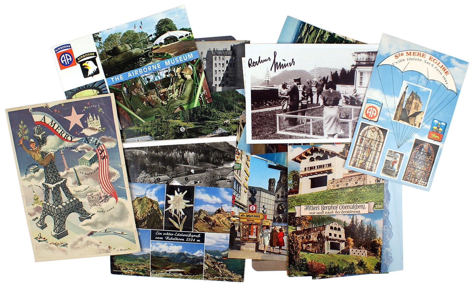 Post WWII postcards historic WWII Hitler: P-005 Lot of post-WWII (mostly 1960's to 1984) related to historic locations of WWII. Includes: (1) Hitler's Berghof Obersalzberg-5 color cards and two fold-outs with numbered identified buildings (on