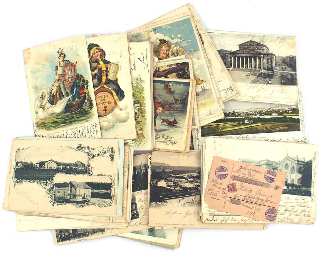 Currency lot Germany France Luxembourg postcards etc: P-007 Miscellaneous lot: (1) Currency: Germany - 7 - 1920's currency; France - 3; 2 Military script 10 and 50 Francs; Italy; 1 - Luxembourg 1943, (2) Deck of "TAROK - KARATE" - "Wurttemberger Doppelbi