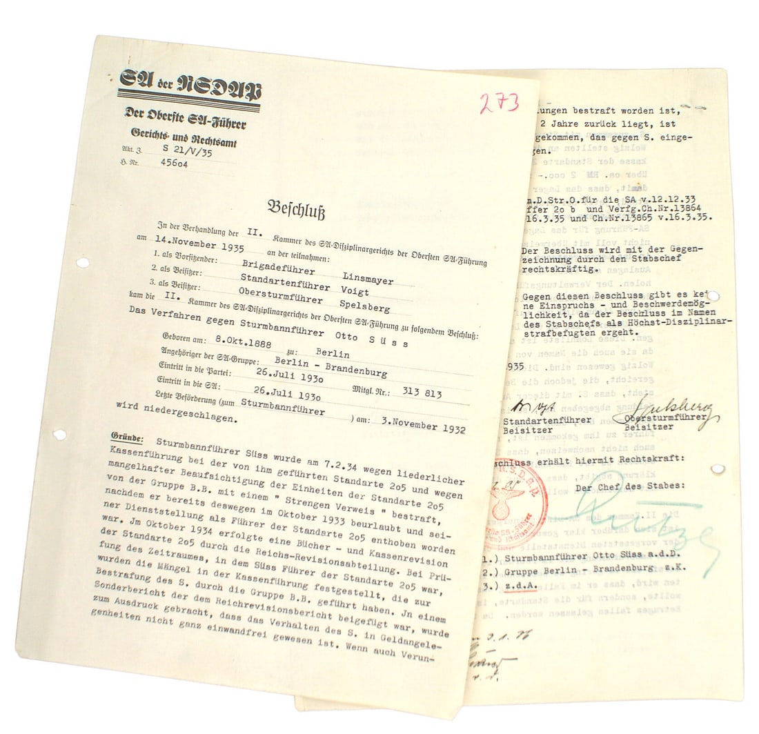 German WWII NSDAP SA letterhead signed Lutze: Q-003 Six-page "Judgement" document on "SA of the NSDAP - Supreme Leader of the SA - Legal and Judicial Department" letterhead. Dated "14 November 1935" the proceedings of a court martial against SA S