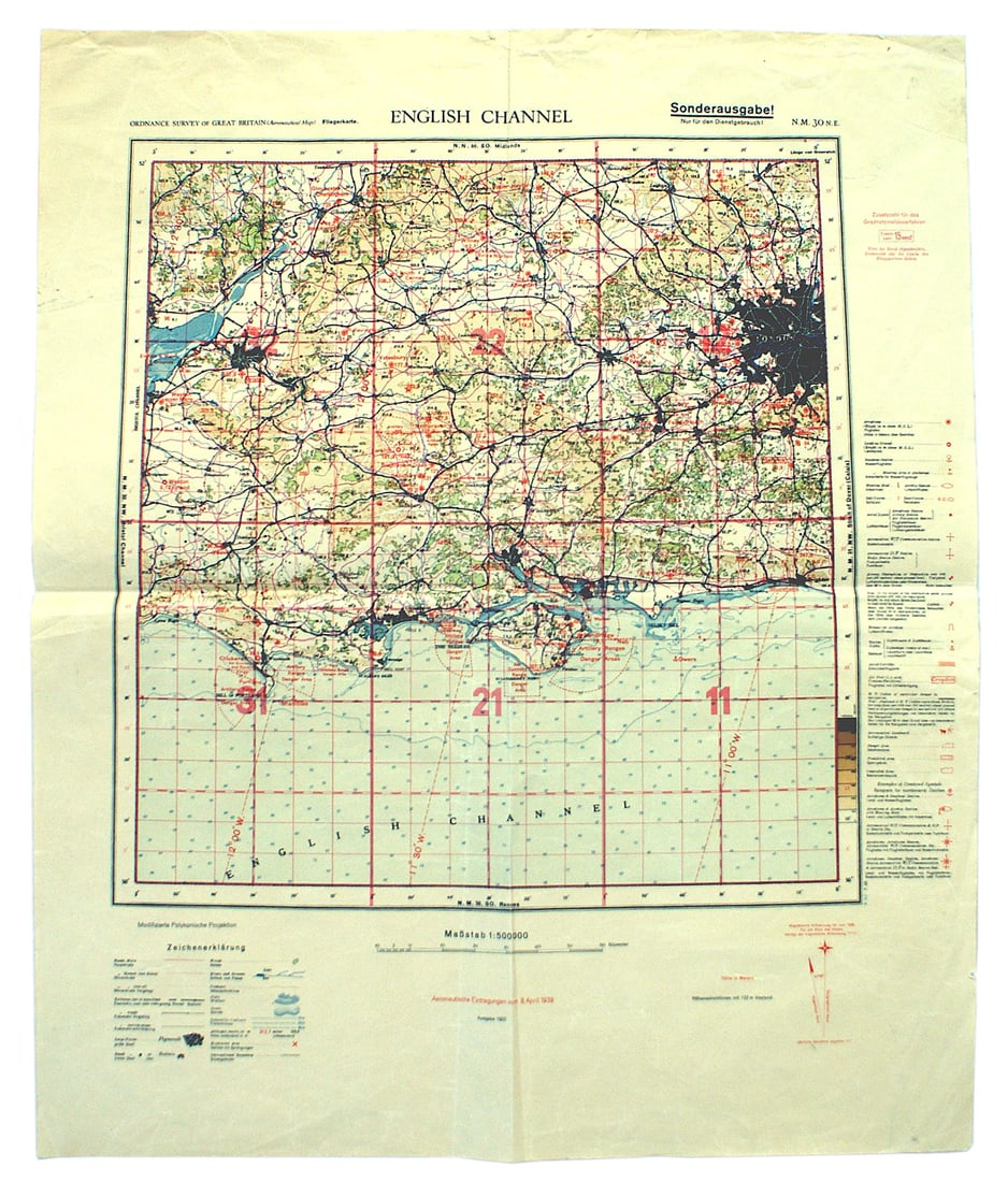 1937 German Ordnance Survey Map of the English Channel: Q-004 1937 German Ordnance Survey Map of the English Channel. Symbol key in both German and English. Includes airports, Landing ground, seaplane and airship stations, etc. 27 1/2" x 22 1/2". II