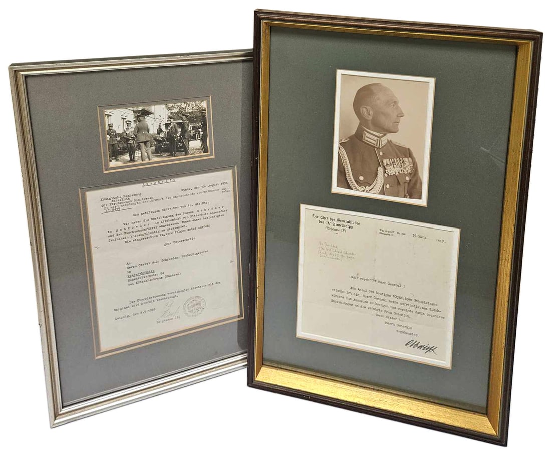 2 letters related to German WWII Army Gen Lt: Q-005 Lot of 2 letters related to German WWII Army Gen. Lt. Otto Schroeder: (1) Letter in answer to a 1908 inquiry by Oberst Schroeder concerning the correct spelling of his name. A confirmation by th