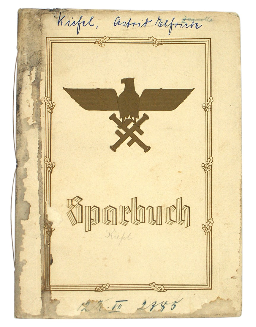 German WWII Bank Savings Book Goring: Q-007 German WWII period special Bank Savings Book showing a 1,000 Reichs Mark gift from Reichsmarschall Goring to the children of Luftwaffe Pilots and flying personnel killed in combat. 8 1/2" x 6" h