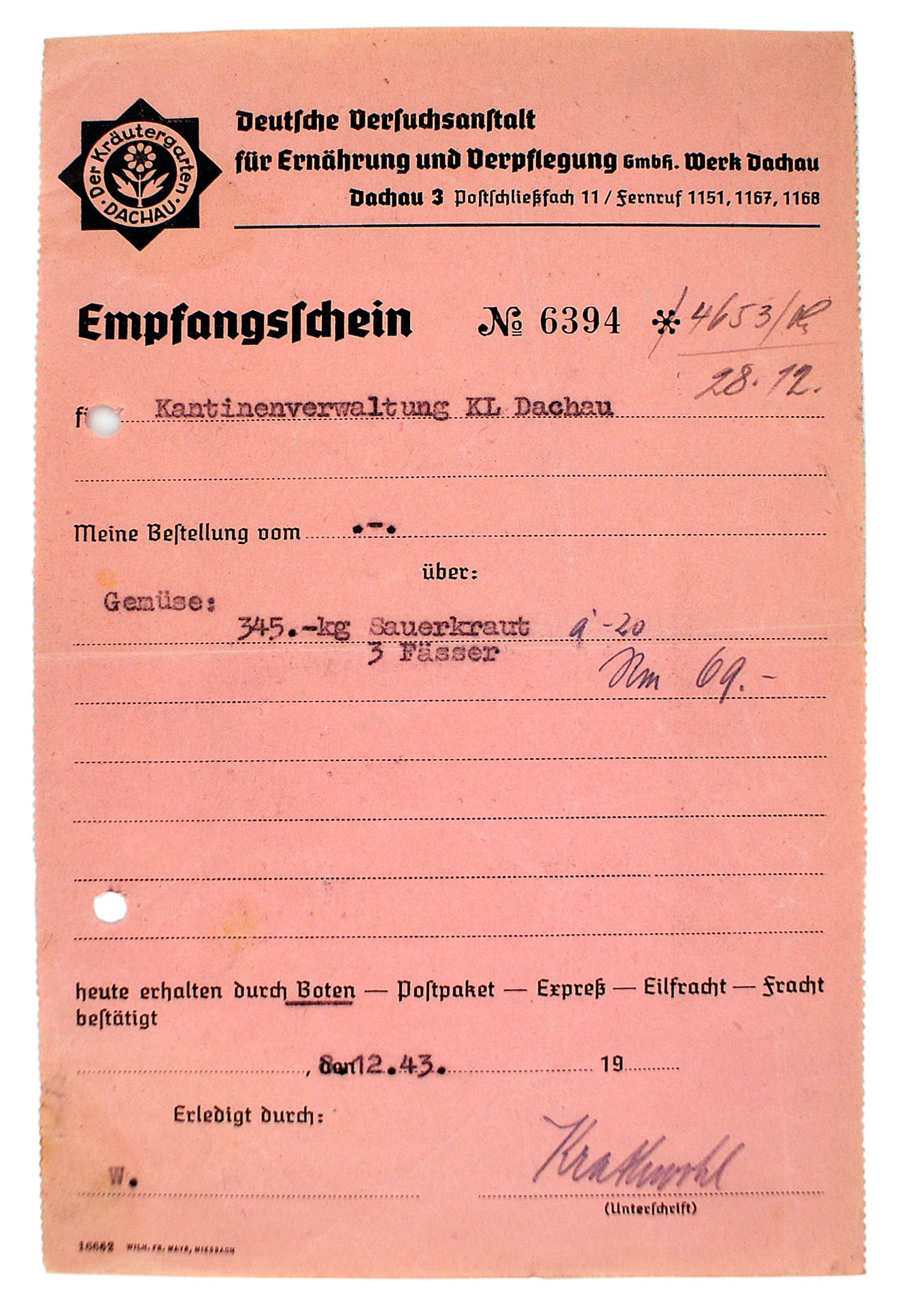 German WWII KL Dachau sauerkraut order: Q-008 German WWII "Empfangschein" made out to the "Kantine Administration Office at KL Dachau", for 345 kg of sauerkraut. II