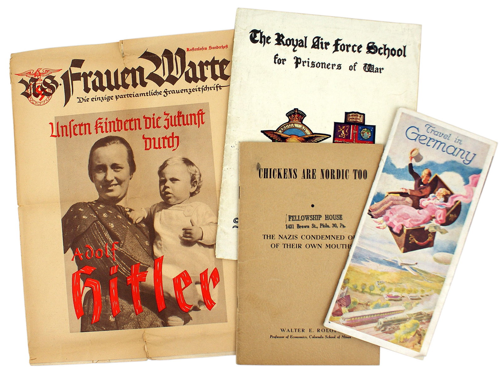 German WWII lot booklet CHICKENS ARE NORDIC 1935 Travel: Q-009 Lot of 4 publications dealing with the Third-Reich era: (1) Booklet - "CHICKENS ARE NORDIC TOO" by Walter E. Roloff. Pre-WWII analysis of Nazi geopolitics and racial theory. 32 pages (2) 1935 "T