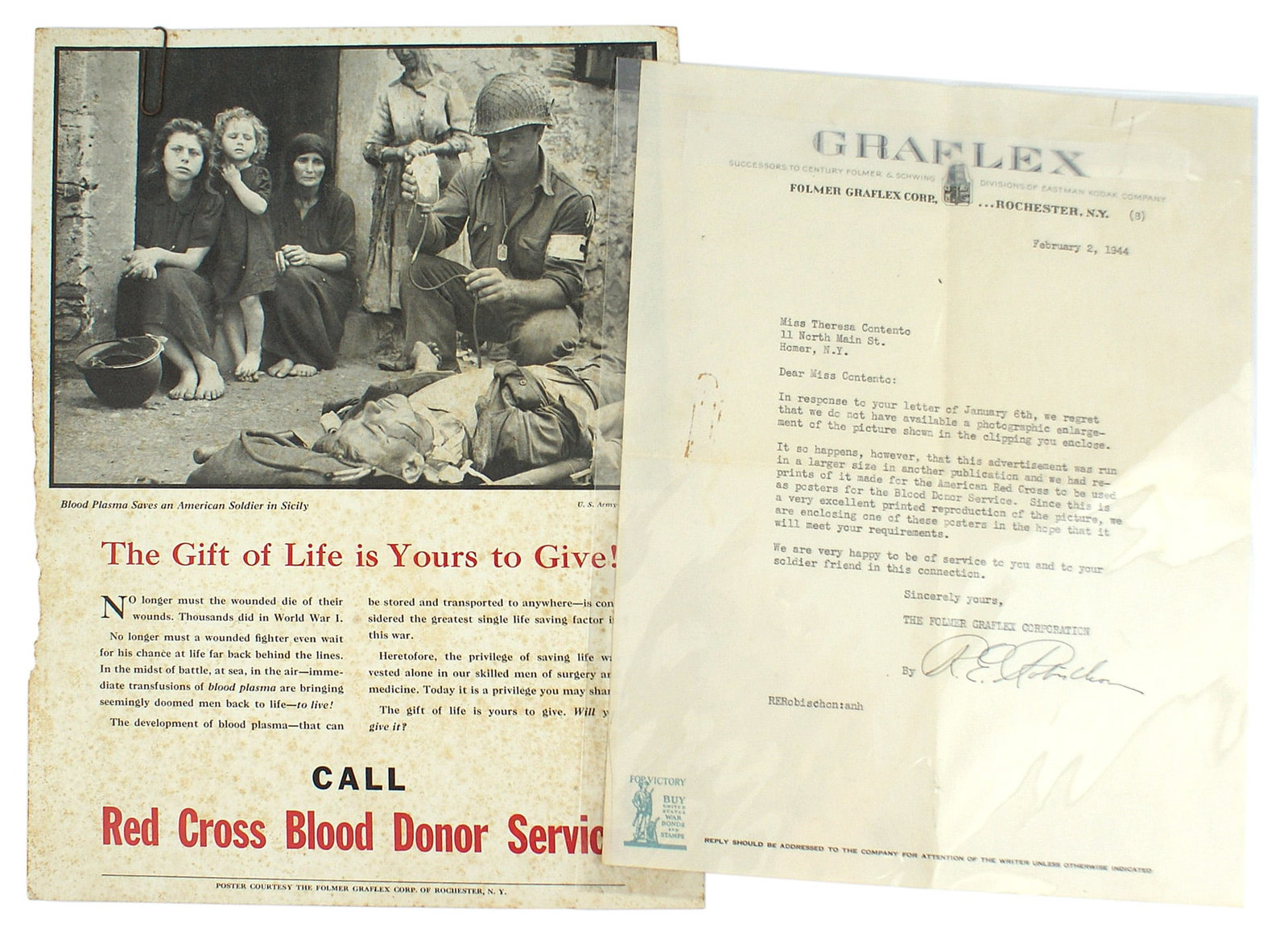 WWII ephemera lo Red Cross Poster Christmas Card: Q-010 WWII ephemera lot: (1) Red Cross Poster - "BLOOD PLASMA SAVES AN AMERICAN SOLDIER IN SICILY". 12" X 9" ON HARDCTOCK. (2) 1944 newspaper reply to a request for a copy of a specific published G.I.