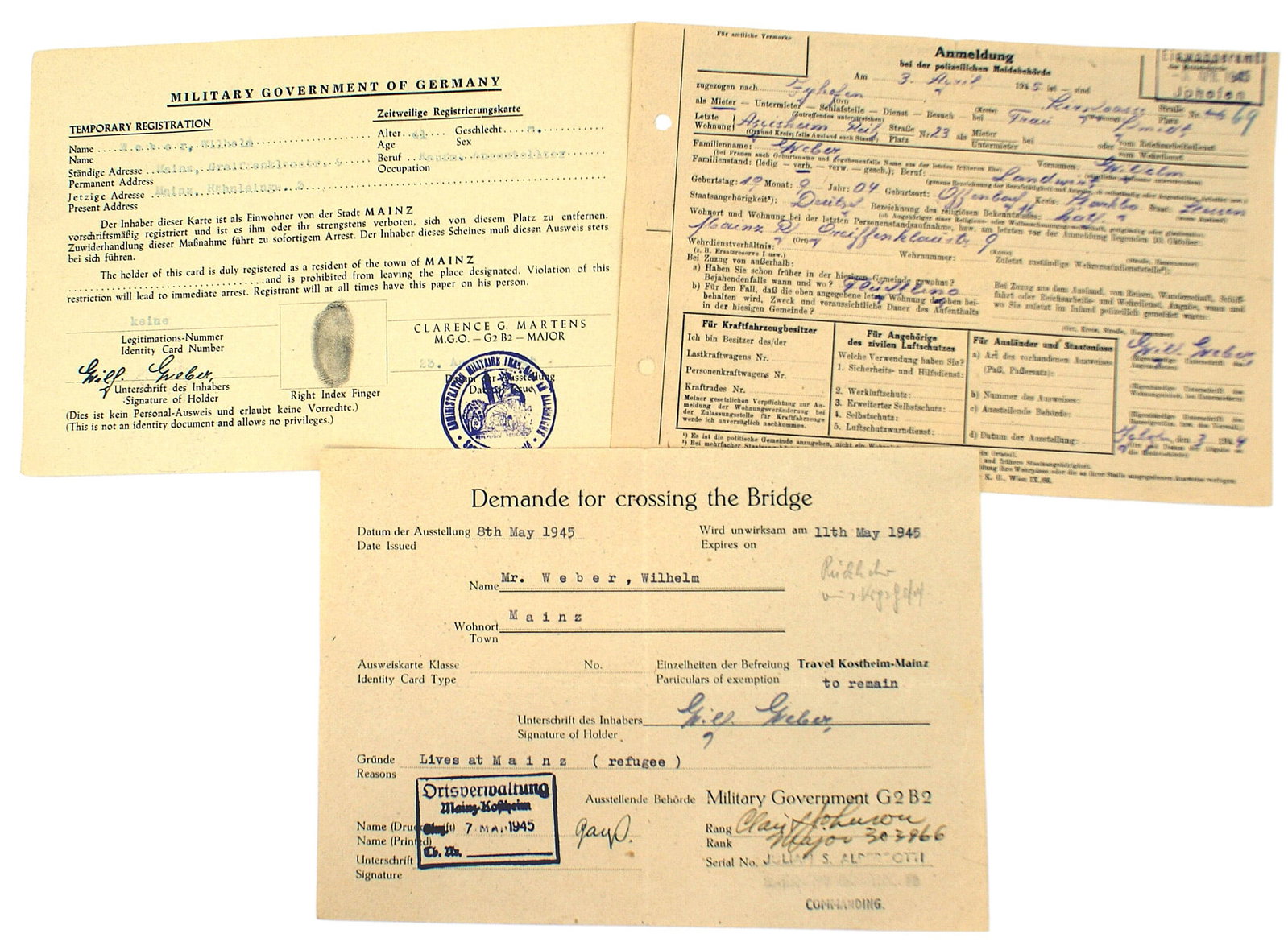 3 US Military Government documents WWII German: Q-011 Lot of 3 U.S. Military Government documents related to a Wilhelm Weber. Included are (1) Police report dated 3 Apr. 1945 (2) US Military Govt "Demand for crossing the Bridge" dated 8 May 1945 (3