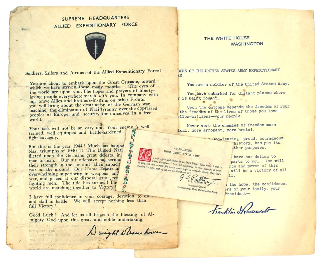 US WWII Expeditionary ephemera Roosevelt Eisenhauer: Q-013 American WWII ephemera - words of encouragement from our wartime leaders to our fighting man: (1) "TO MEMBERS OF THE UNITED STATES ARMY EXPEDITIONARY FORCES" from "THE WHITE HOUSE WASHINGTON". A