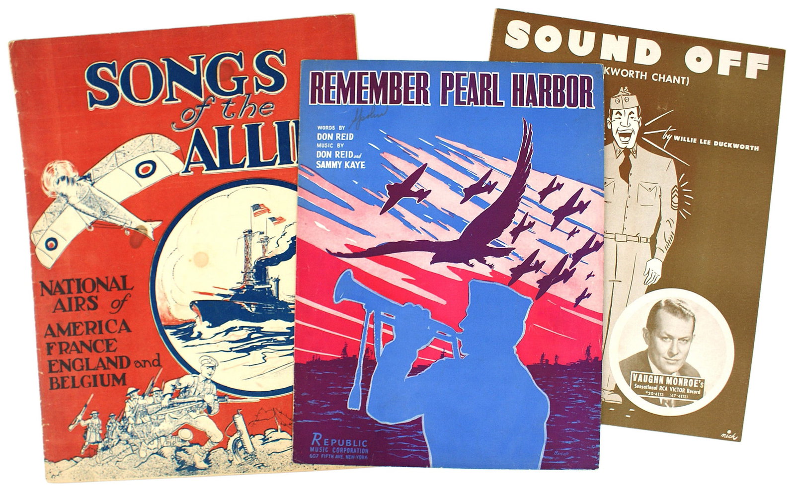 3 US WWII military songs ALLIES PEARL HARBOR: Q-014 Lot of 3 wartime military songs: (1) WWI "SONGS of the ALLIES". Includes the National Anthems of the US, England, France and Belgium. 13 1/2" x 10 3/8". (2) "REMEMBER PEARL HARBOR". Magazine for