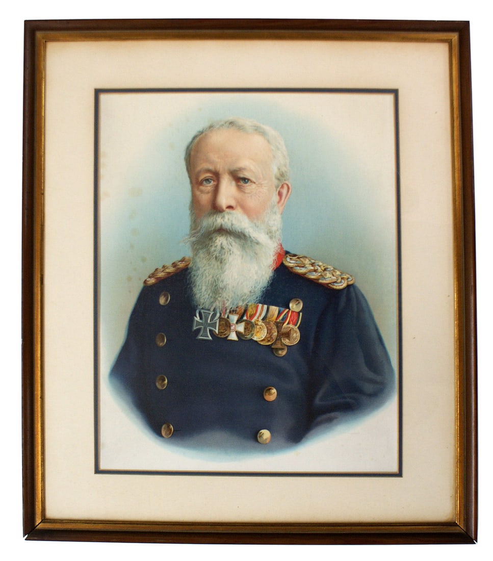 Colored print of Frederick I Grand Duke of Baden: L-001 Colored print of Frederick I, Grand Duke of Baden. Excellent presentation of the subject wearing a General Obserst tunic with shoulder boards and pronounced medal bar with eight decorations. Mat