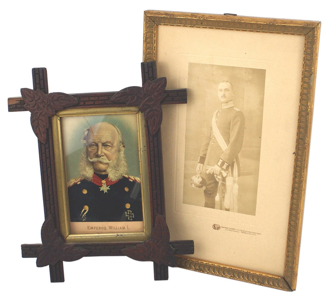 2 Imperial German portraits EMPEROR WILLIAM Prussian: L-002 Lot of 2 Imperial German portraits (1) Color print of "EMPEROR WILLIAM I". Painted in Pour le Merite and Iron Crosses. 6 1/2" x 4 3/8". Linear carved frame with applied wood leaves on corners. O