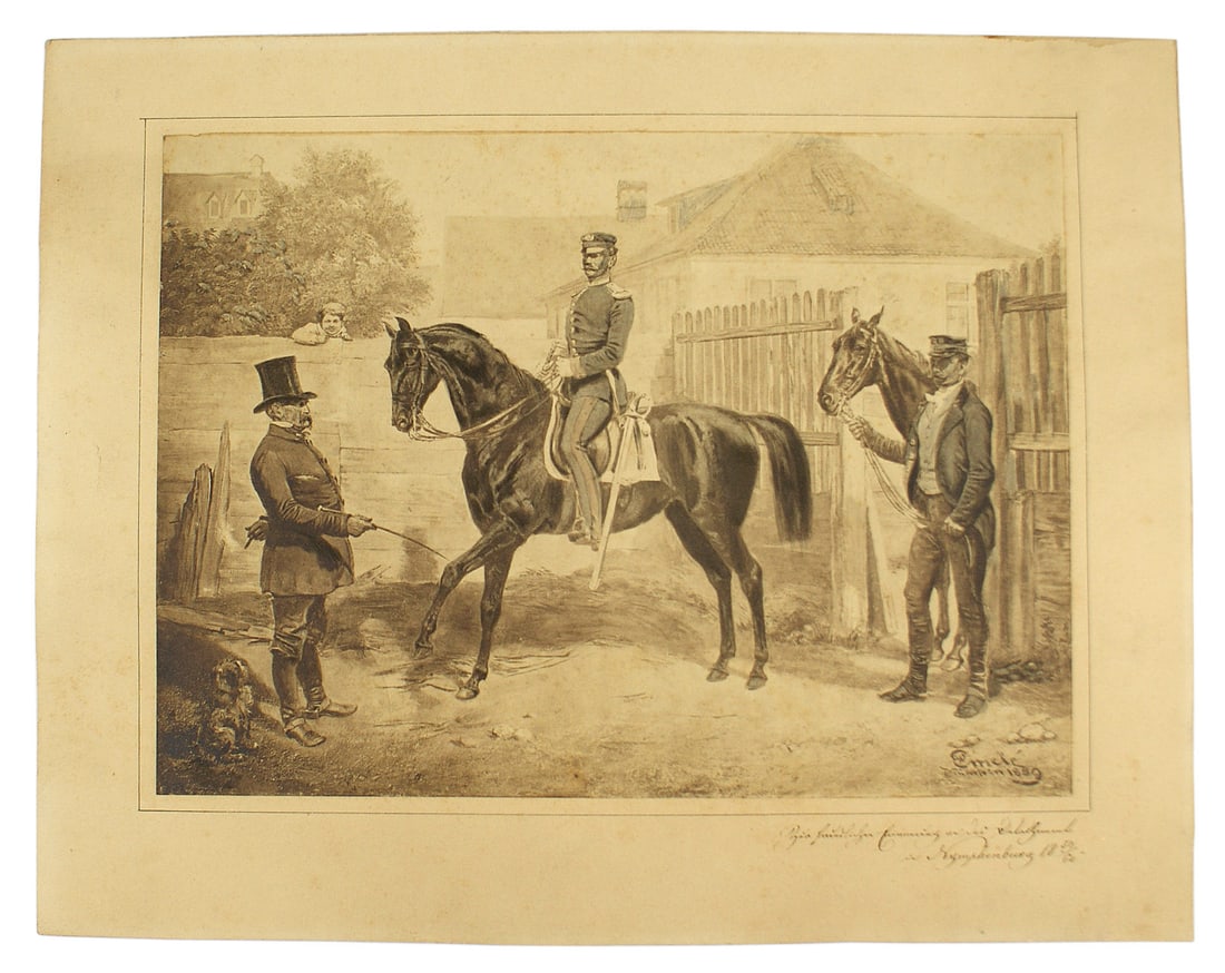 3 Imperial German photos: L-004 Lot of 3 Imperial German images: (1) Print of a stately figure waiting for an approaching aide with his steed, while a mounted cavarly security officer stands by. Name on print "Emele - Munchen 