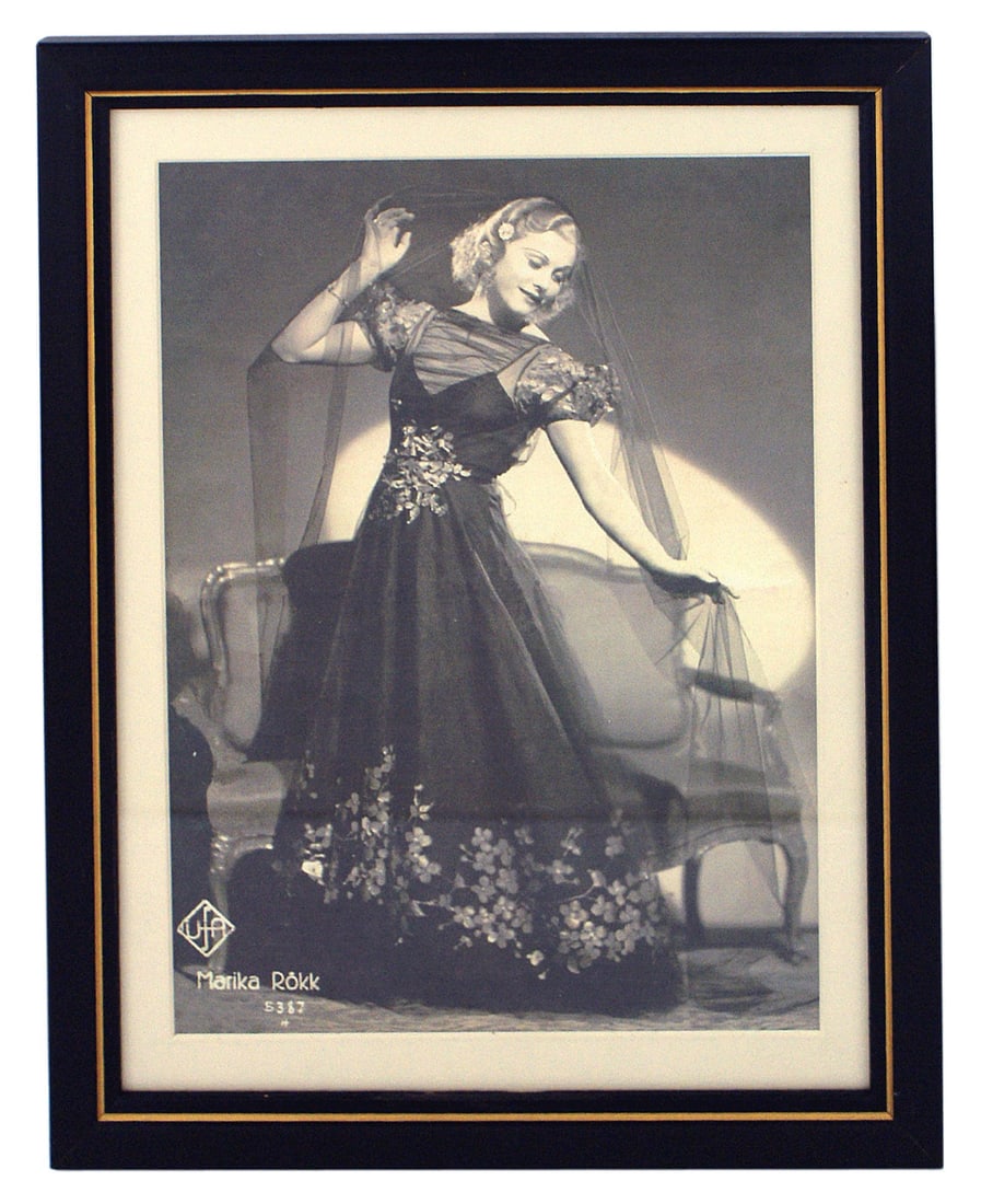 Hungarian Dancer Actress Marika Rokk photo: L-007 Framed photo portrait of noted Hungarian Dancer/Actress Marika Rokk, of the Third-Reich era. Actually a framed copy of an 9" x 6 3/4" original studio photo (rip on lower right and creases), whic