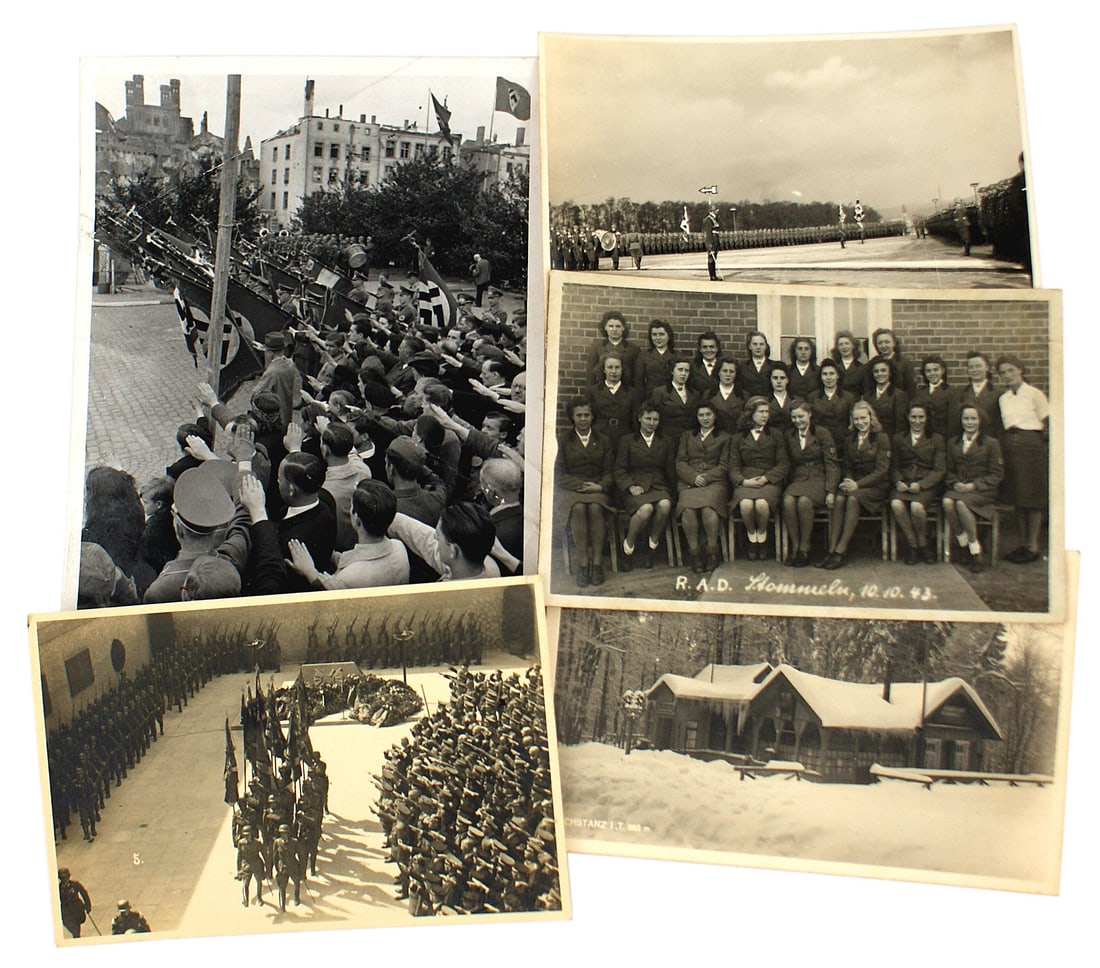 5 German WWII photos 34th Infantry: L-008 Lot of 5 Third Reich photos: event to honor the fallen in WWI - 1937 Koblenz - WWI standards; 34 Infantry Division on parade - 1937; RAD unit - 1943; view of Fuchstanz in winter and political st