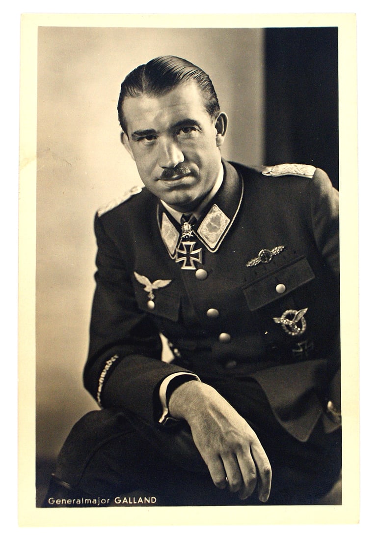 Original German WWII postcard Adolf Galland: L-011 Original German WWII photo postcard of General Major Galland. He is wearing his Knight's Cross with Oak Leaves, Swords and Diamonds. I